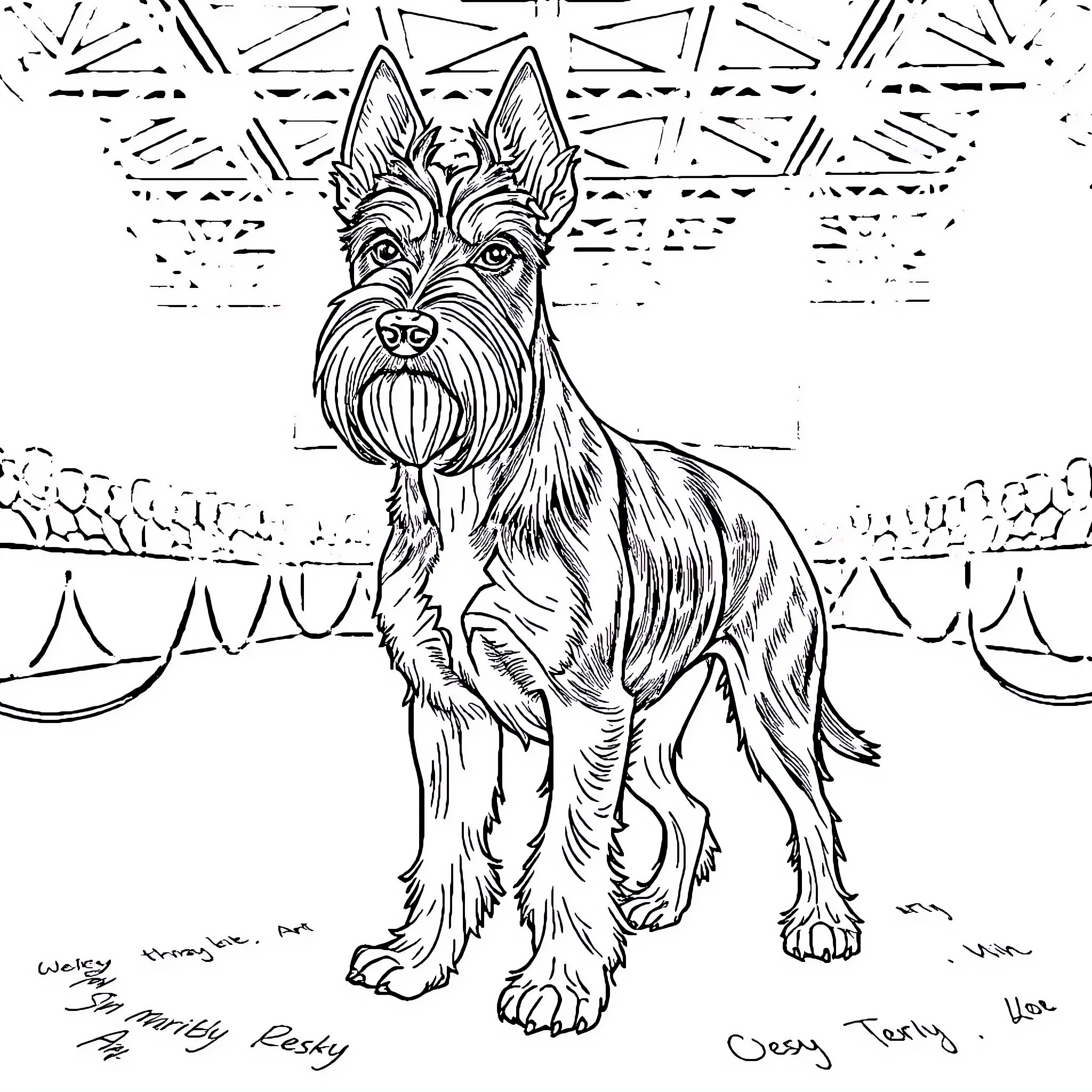 Cesky Terrier standing proudly in stadium-like setting Coloring Page (free black-and-white line drawing printable PDF for all, from beginners to advanced learners, including children, teens, adults, and seniors)