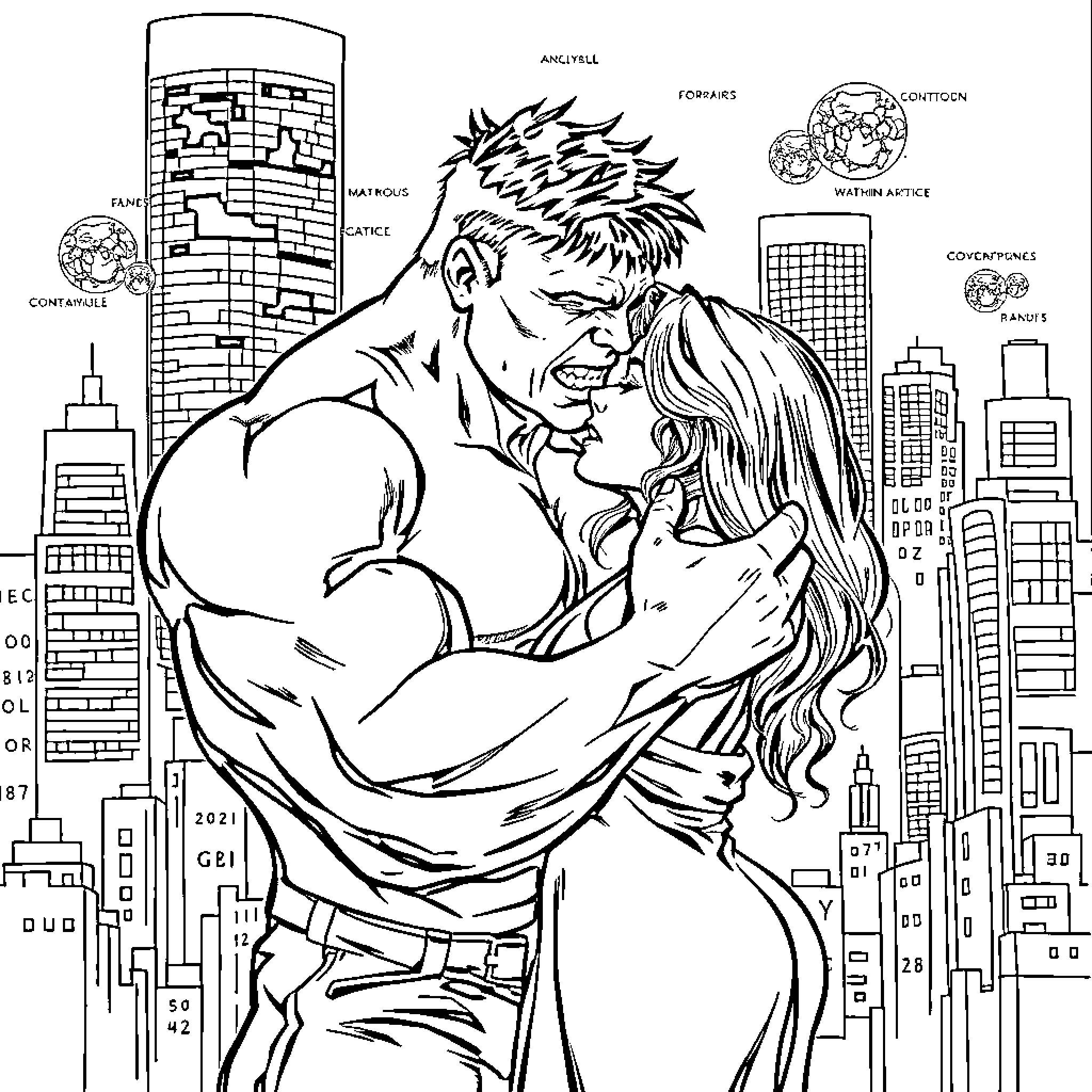 Hulk embraces lover in urban cityscape Coloring Page (free black-and-white line drawing printable PDF for all, from beginners to advanced learners, including children, teens, adults, and seniors)