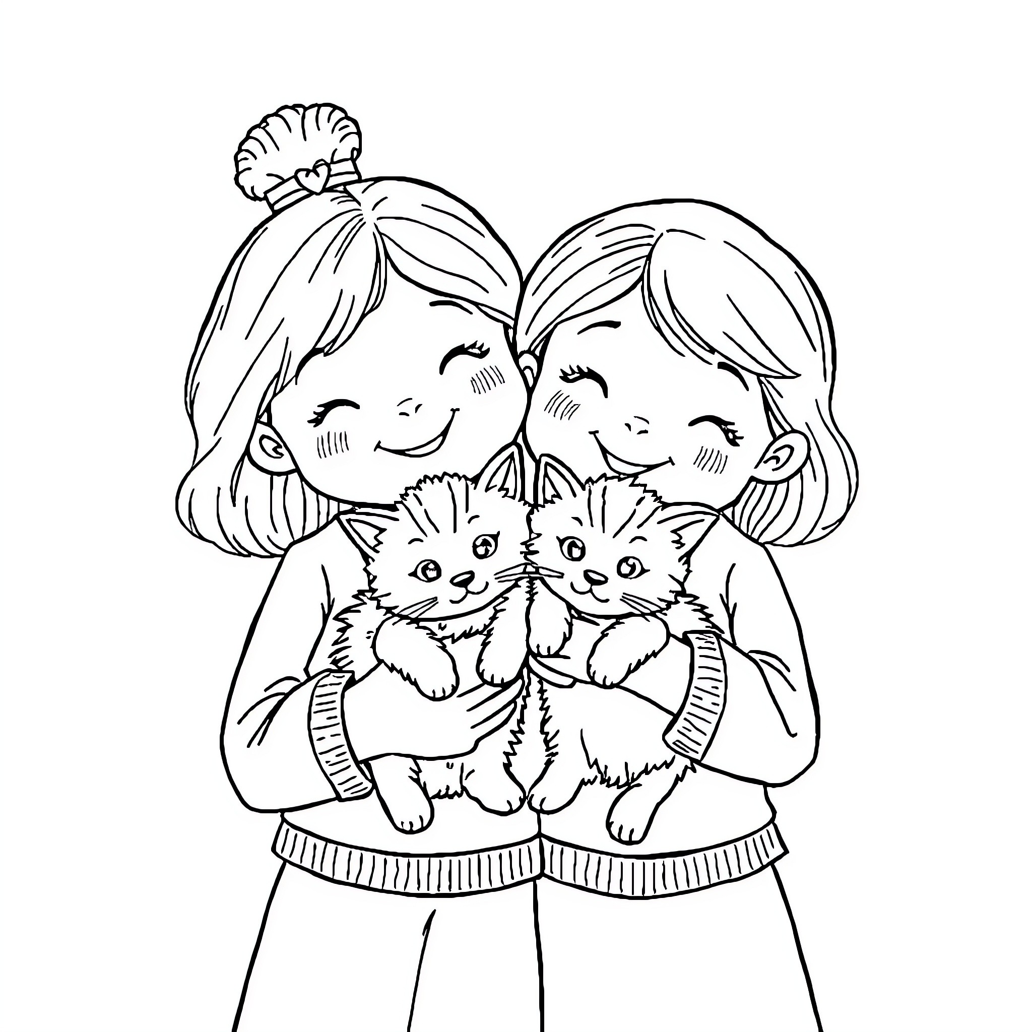 Child holding kittens happily together Coloring Page (free black-and-white line drawing printable PDF for all, from beginners to advanced learners, including children, teens, adults, and seniors)