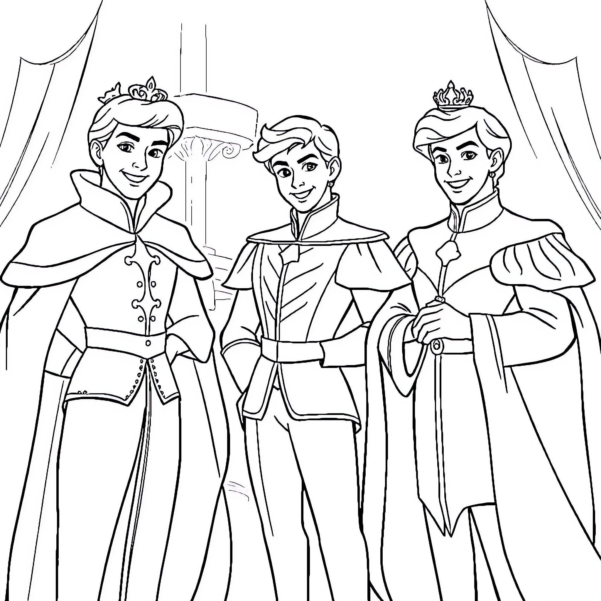Prince's Formal Ball Attire Coloring Page (free black-and-white line drawing printable PDF for all, from beginners to advanced learners, including children, teens, adults, and seniors)