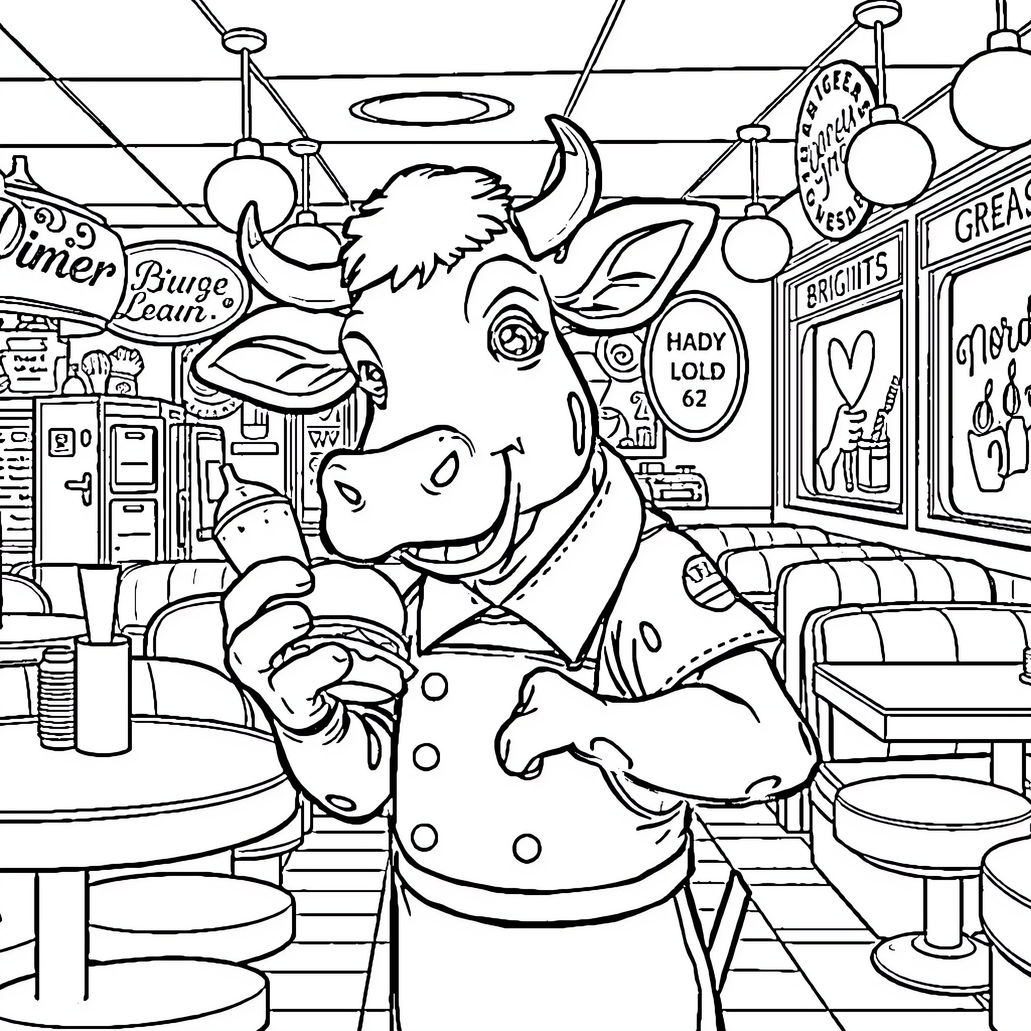 Cow in a Retro Diner Setting Coloring Page (free black-and-white line drawing printable PDF for all, from beginners to advanced learners, including children, teens, adults, and seniors)
