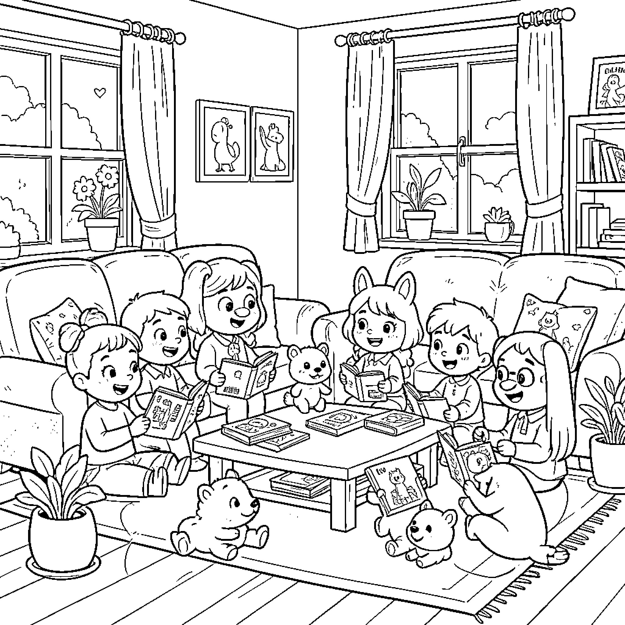 Bluey characters reading books together in a cozy living room Coloring Page (free black-and-white line drawing printable PDF for all, from beginners to advanced learners, including children, teens, adults, and seniors)
