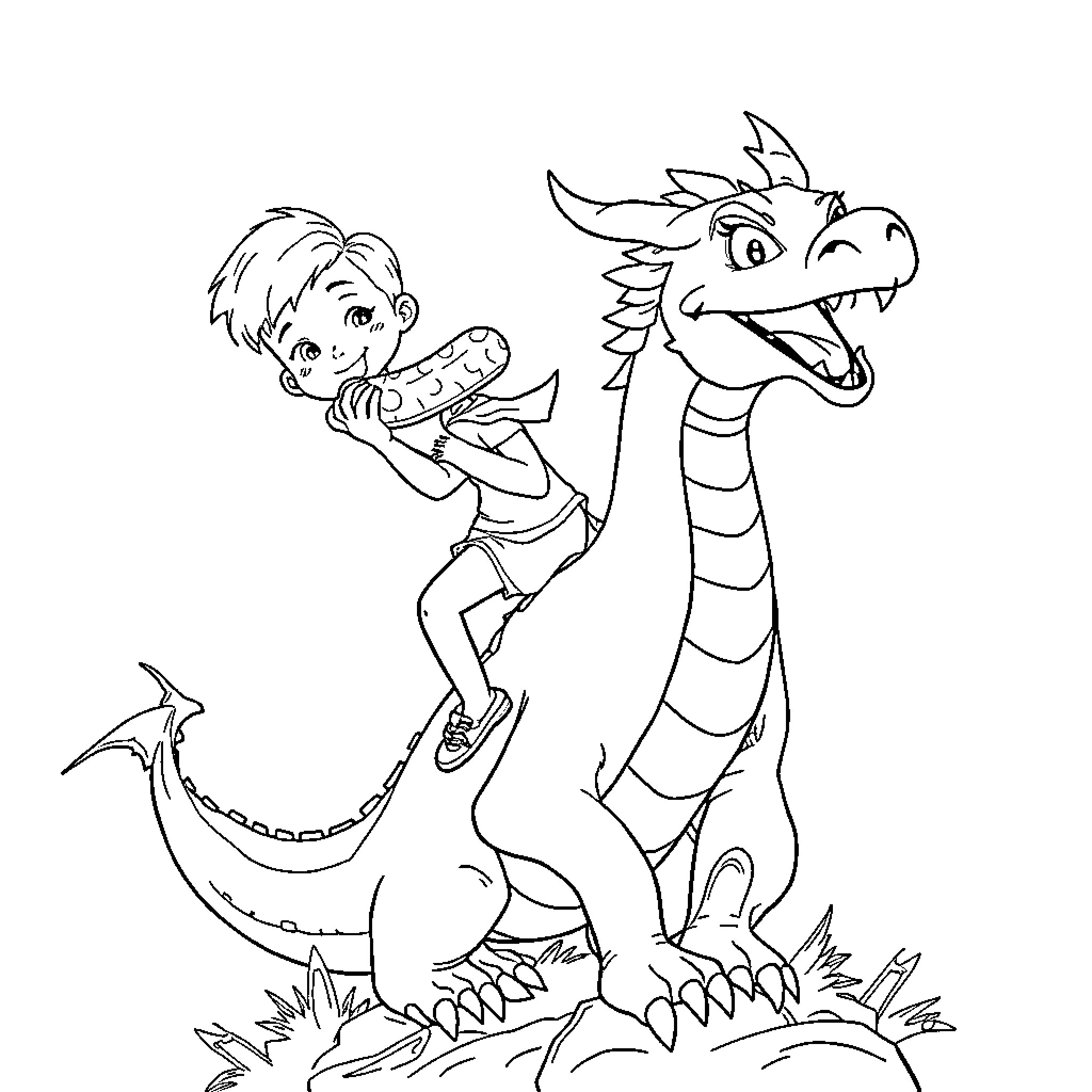 Girl playing with friendly dragon in the wild Coloring Page (free black-and-white line drawing printable PDF for all, from beginners to advanced learners, including children, teens, adults, and seniors)