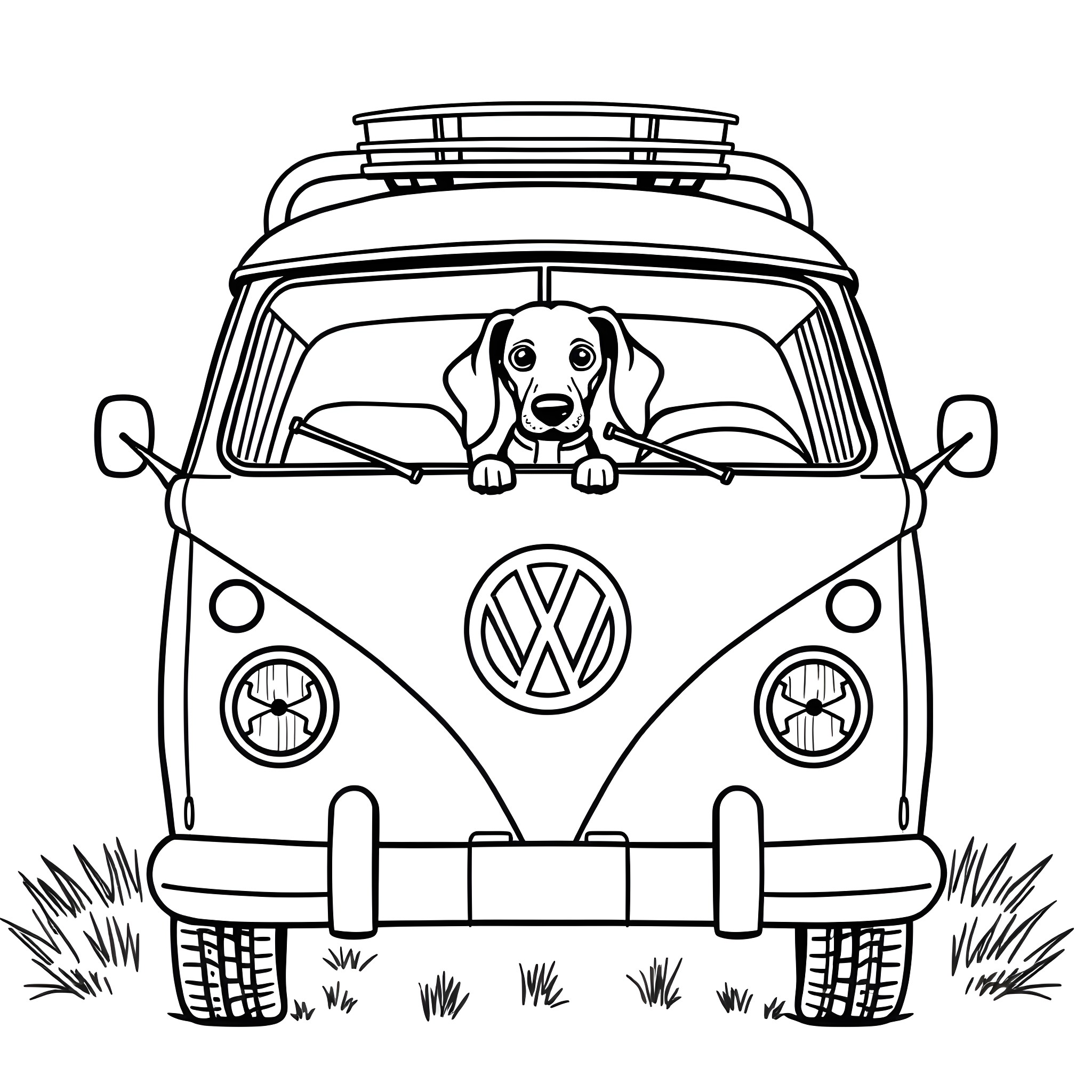 Volkswagen Bus with Playful Puppy Coloring Page (free black-and-white line drawing printable PDF for all, from beginners to advanced learners, including children, teens, adults, and seniors)