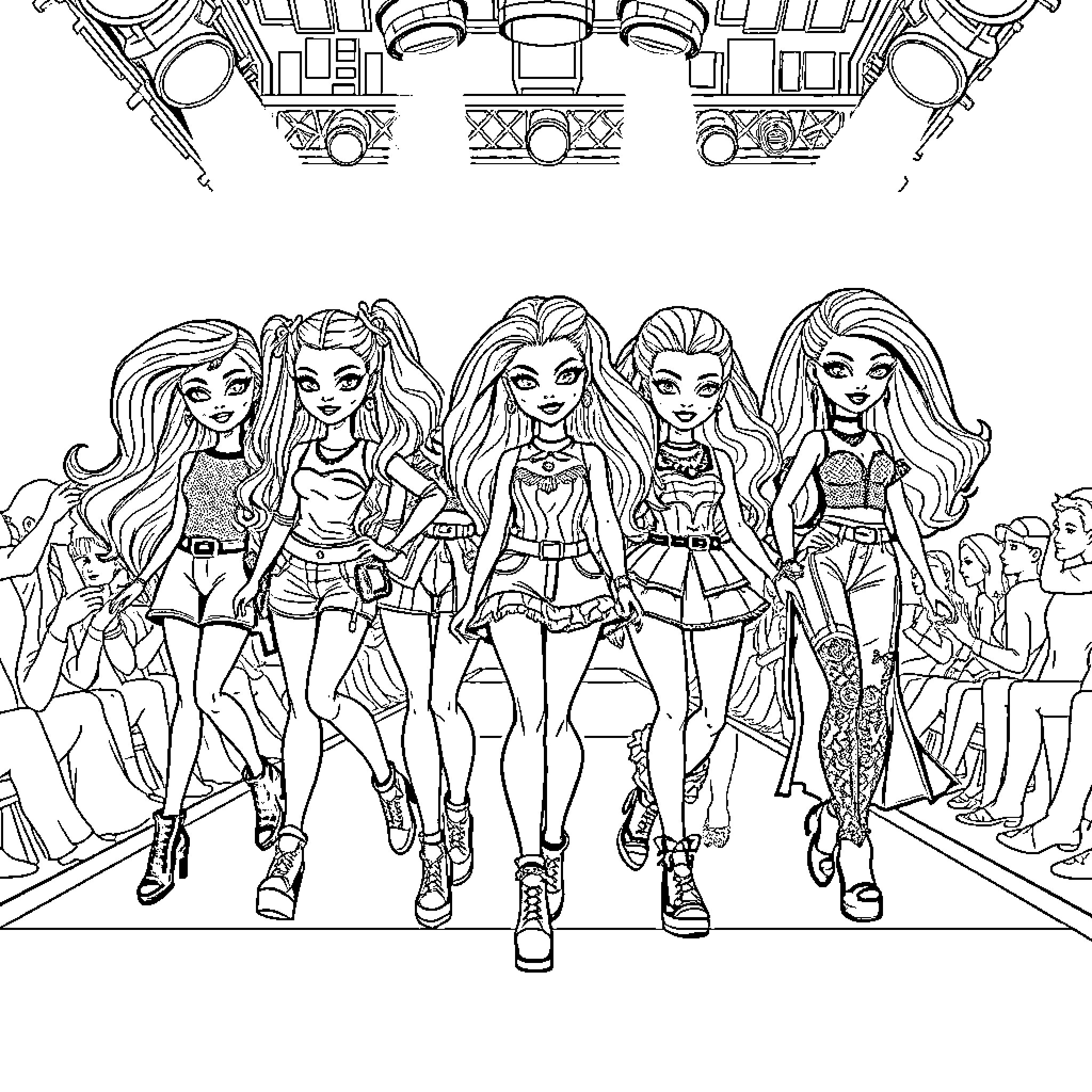 Bratz Dolls Strutting Down the Runway Coloring Page (free black-and-white line drawing printable PDF for all, from beginners to advanced learners, including children, teens, adults, and seniors)