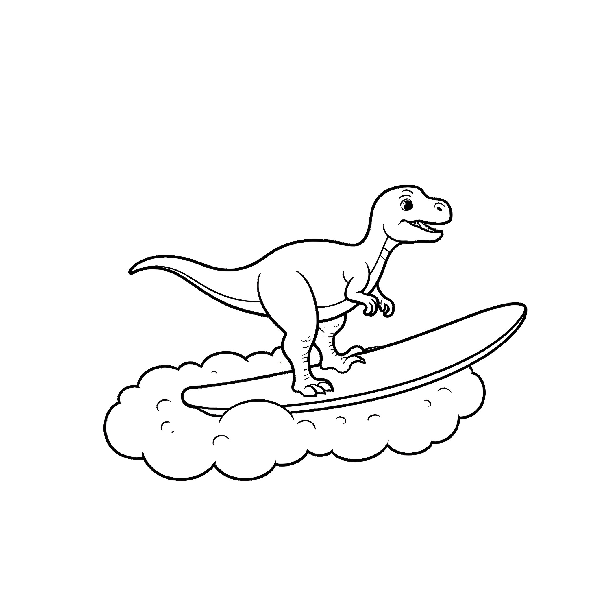 Dinosaur surfing on cloud Coloring Page (free black-and-white line drawing printable PDF for all, from beginners to advanced learners, including children, teens, adults, and seniors)