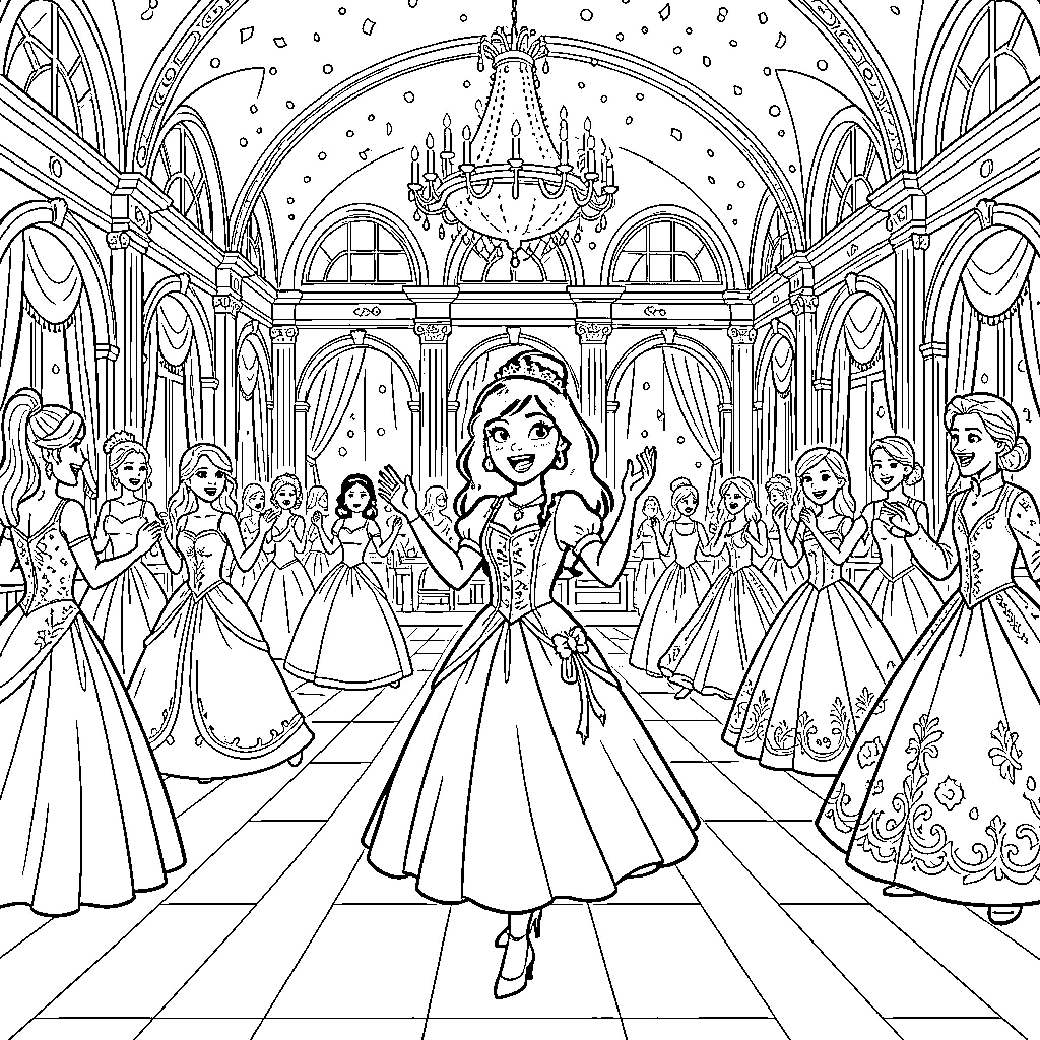 Evie dancing joyfully in a grand ballroom Coloring Page (free black-and-white line drawing printable PDF for all, from beginners to advanced learners, including children, teens, adults, and seniors)