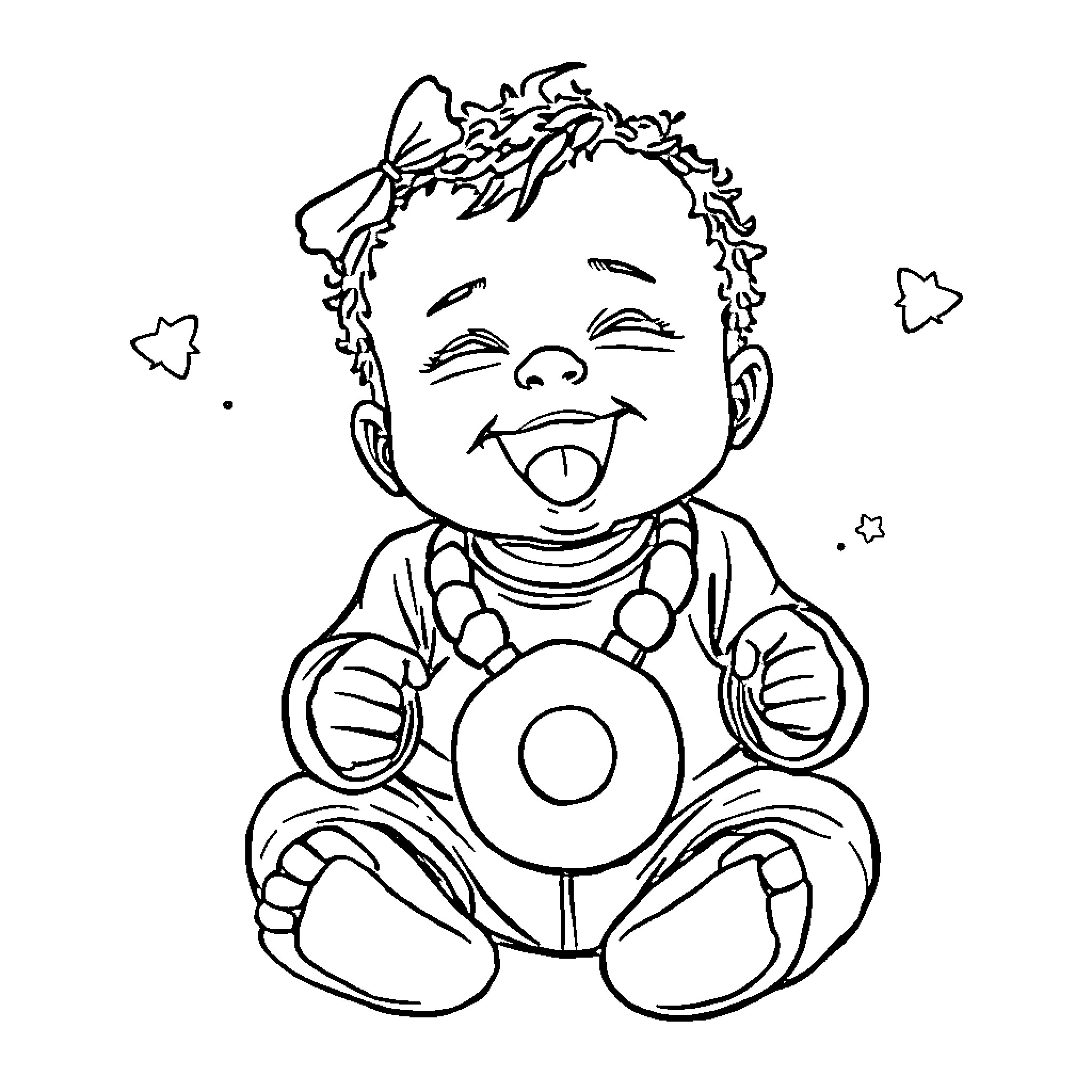 Baby happily playing with a toy Coloring Page (free black-and-white line drawing printable PDF for all, from beginners to advanced learners, including children, teens, adults, and seniors)