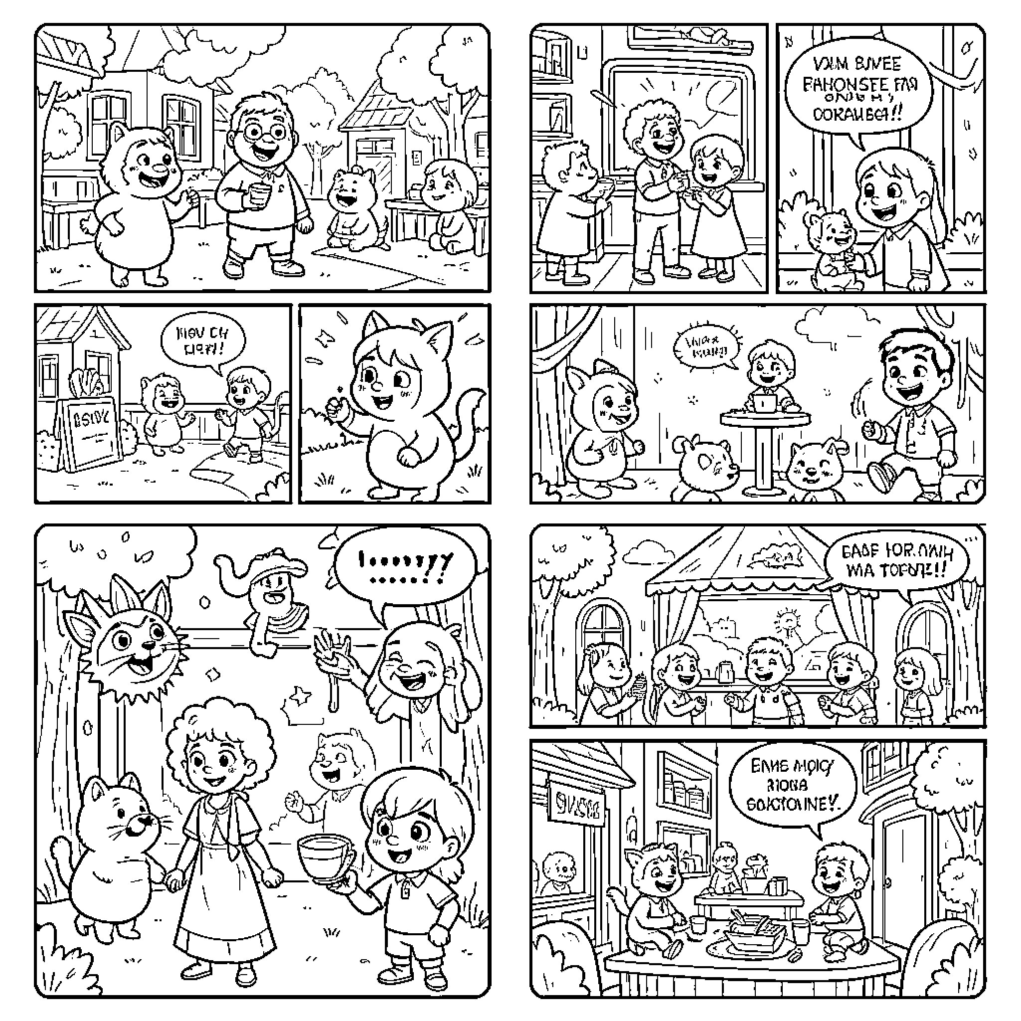 Anime children and cute animals playing together Coloring Page (free black-and-white line drawing printable PDF for all, from beginners to advanced learners, including children, teens, adults, and seniors)
