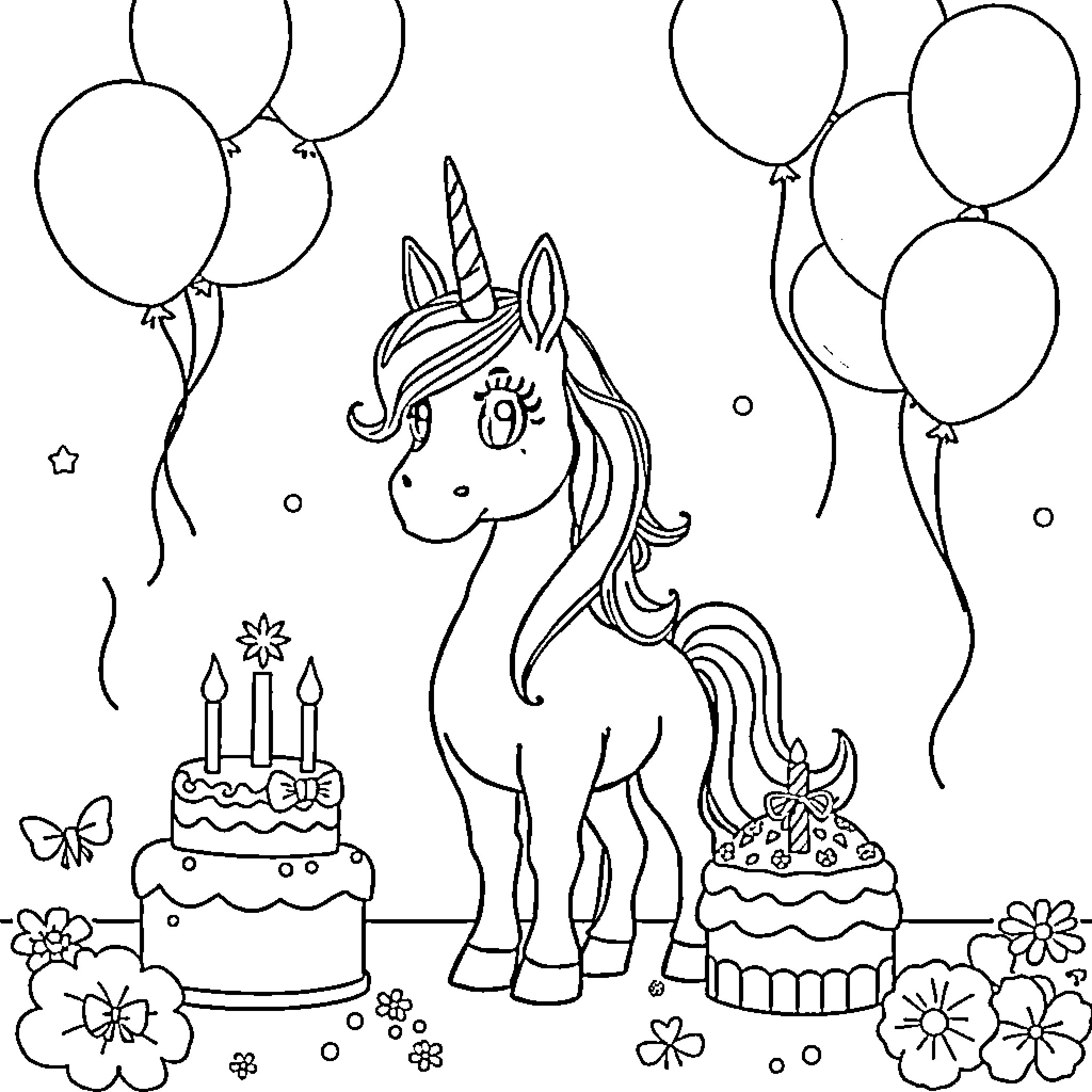Unicorn celebrating birthday with cakes and balloons Coloring Page (free black-and-white line drawing printable PDF for all, from beginners to advanced learners, including children, teens, adults, and seniors)