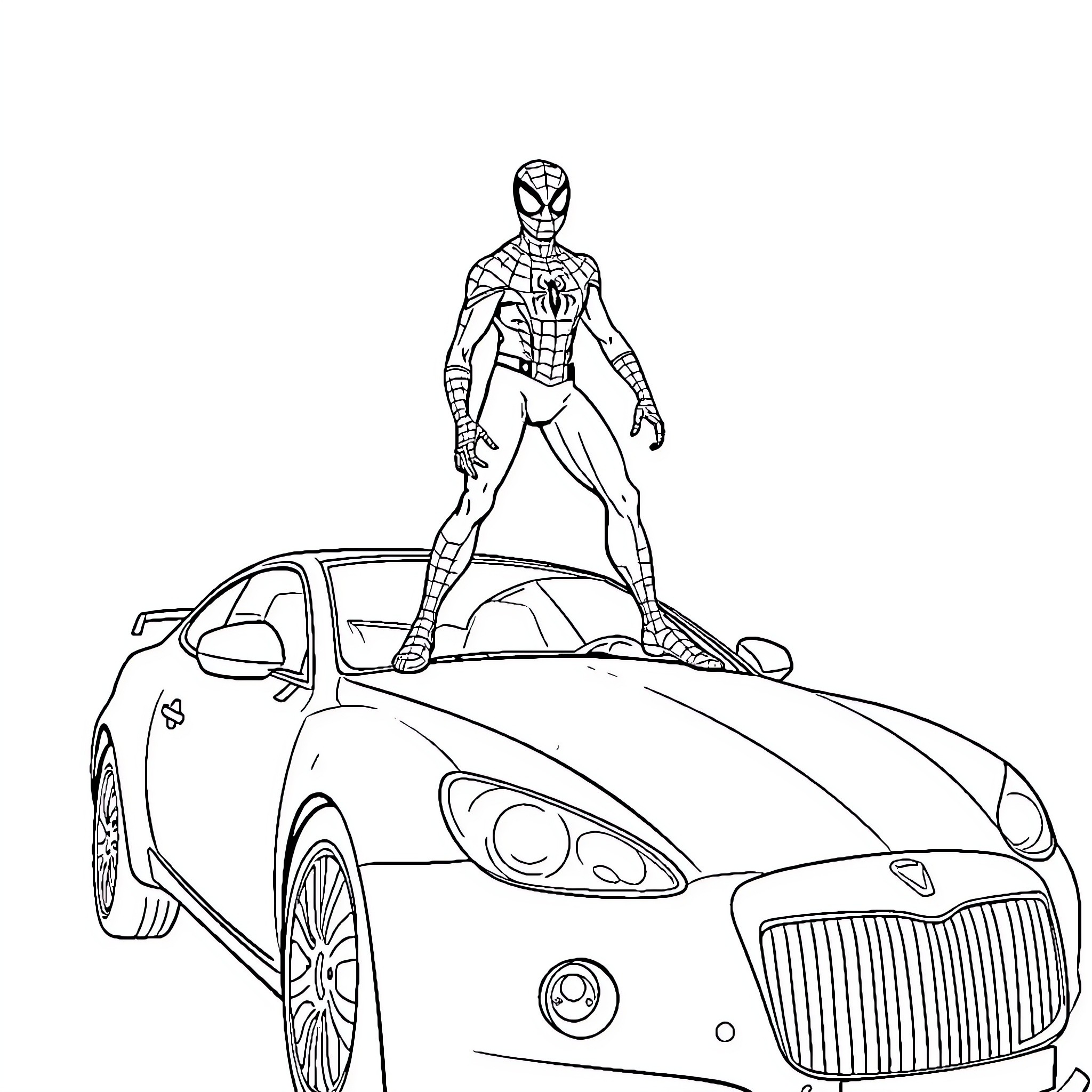 Spiderman standing triumphantly on a sports car Coloring Page (free black-and-white line drawing printable PDF for all, from beginners to advanced learners, including children, teens, adults, and seniors)