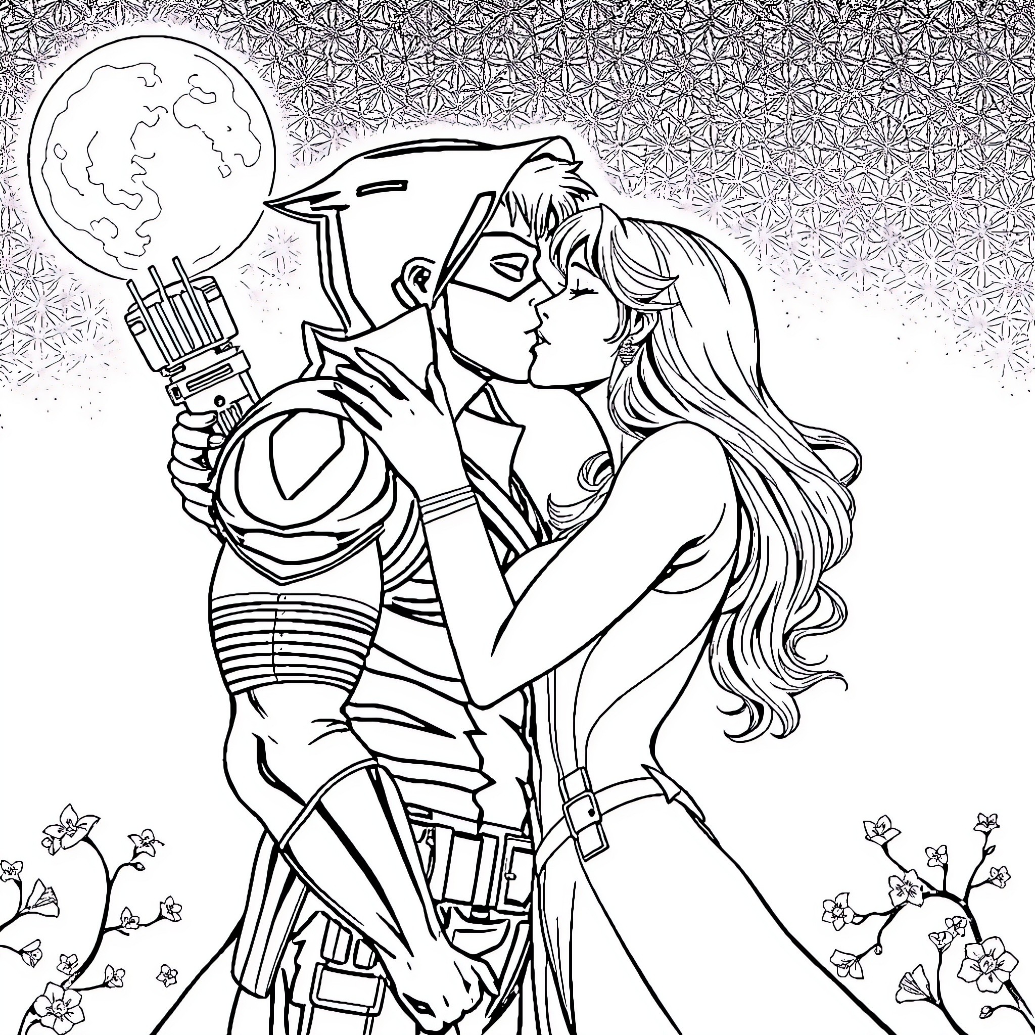 Rogue Space Adventurers Share Intimate Moment Coloring Page (free black-and-white line drawing printable PDF for all, from beginners to advanced learners, including children, teens, adults, and seniors)