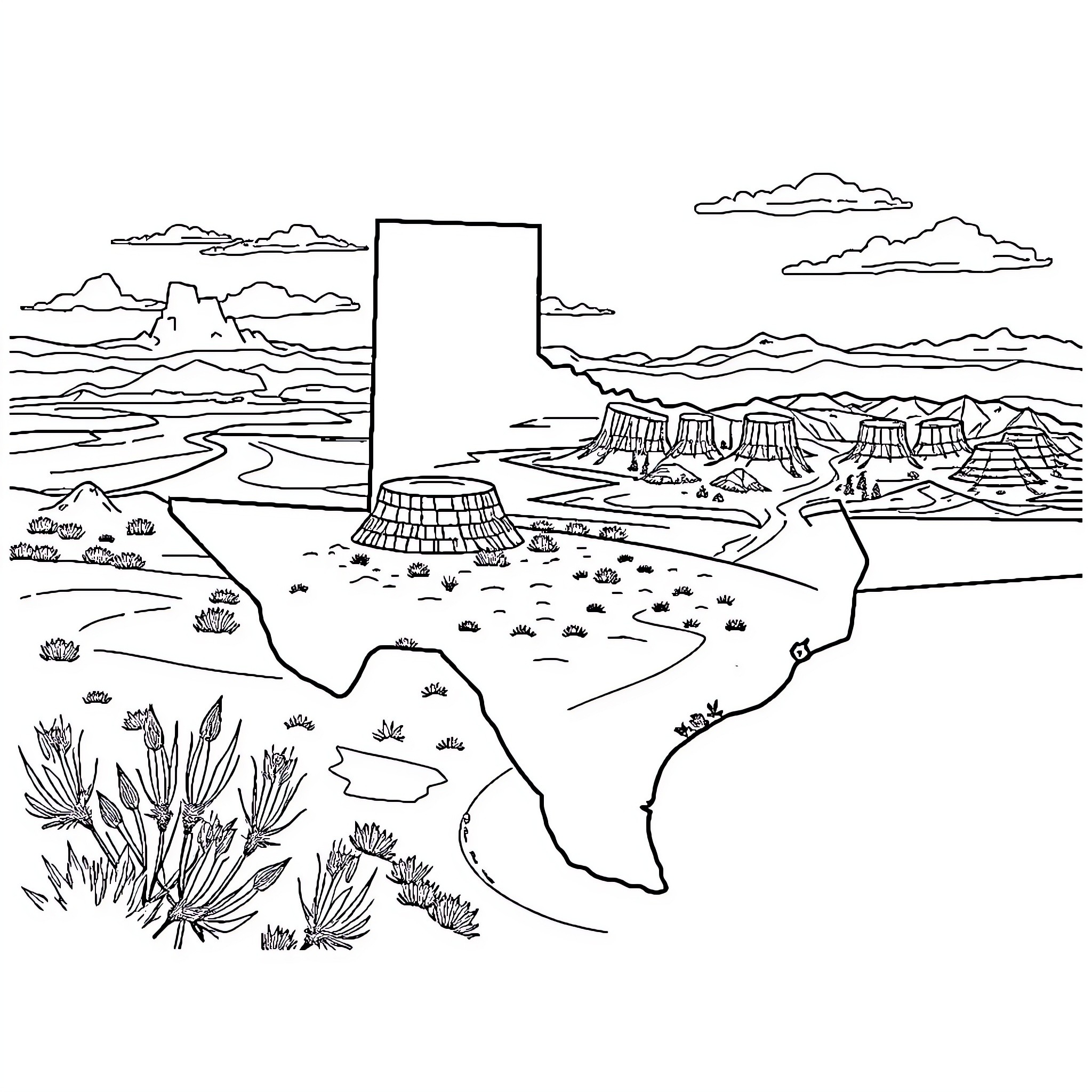 Texas Landscape with Dramatic Scenery and Desert Features Coloring Page (free black-and-white line drawing printable PDF for all, from beginners to advanced learners, including children, teens, adults, and seniors)