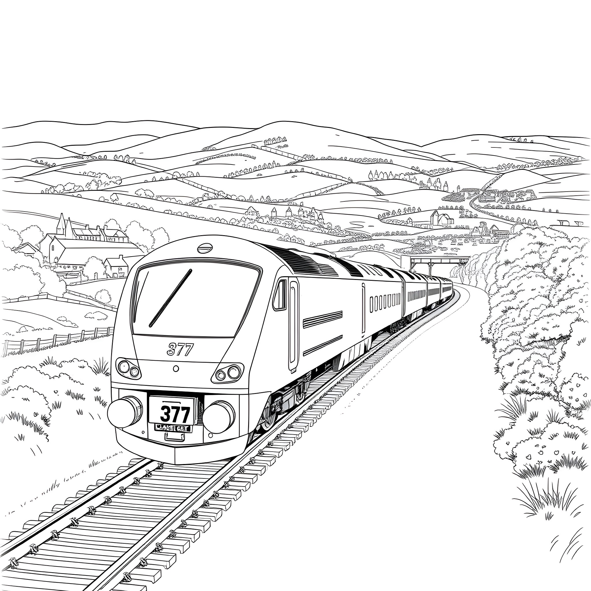 Train speeding through scenic countryside landscape Coloring Page (free black-and-white line drawing printable PDF for all, from beginners to advanced learners, including children, teens, adults, and seniors)