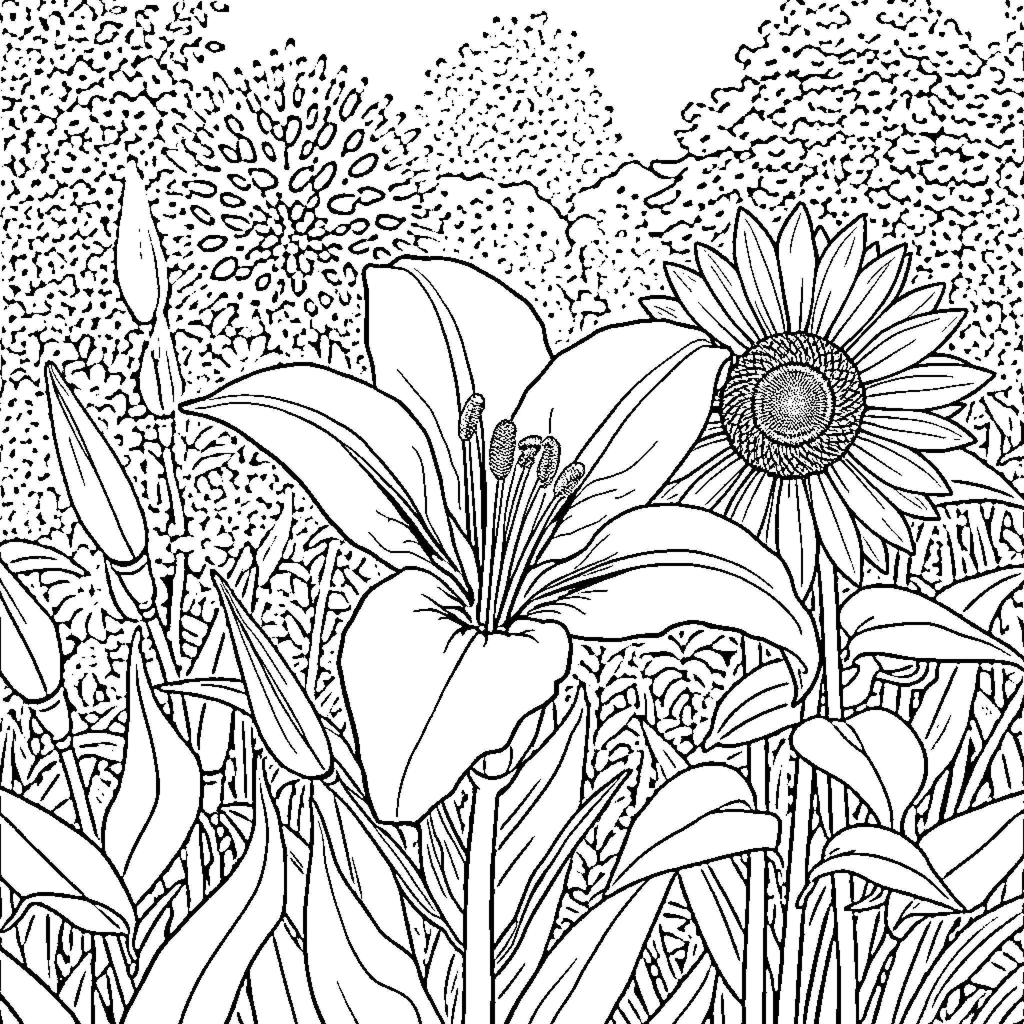 Lily's Floral Garden Coloring Page (free black-and-white line drawing printable PDF for all, from beginners to advanced learners, including children, teens, adults, and seniors)