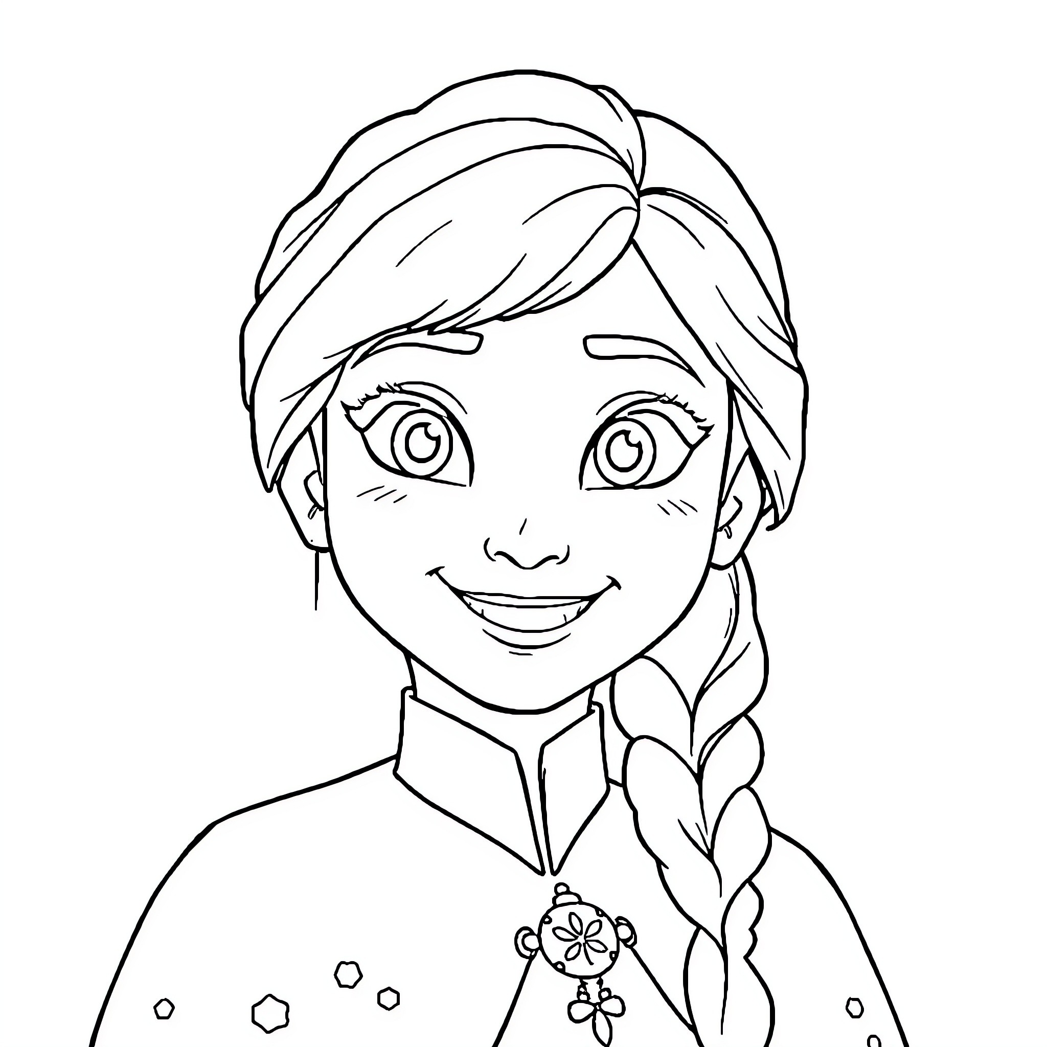 Anna's Happy Expression and Braided Hairstyle Coloring Page (free black-and-white line drawing printable PDF for all, from beginners to advanced learners, including children, teens, adults, and seniors)