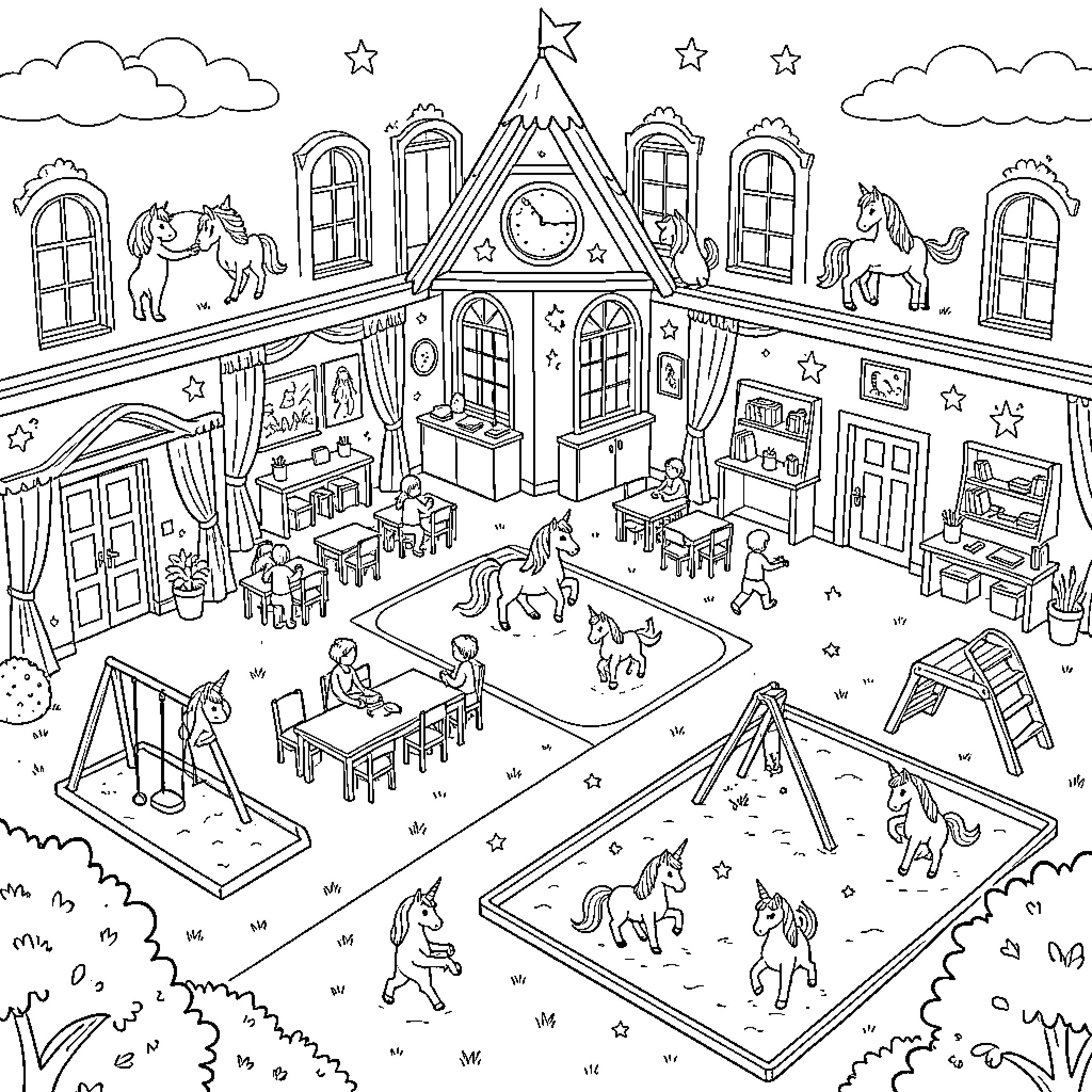 Unicorns playing and jumping in a magical playground Coloring Page (free black-and-white line drawing printable PDF for all, from beginners to advanced learners, including children, teens, adults, and seniors)