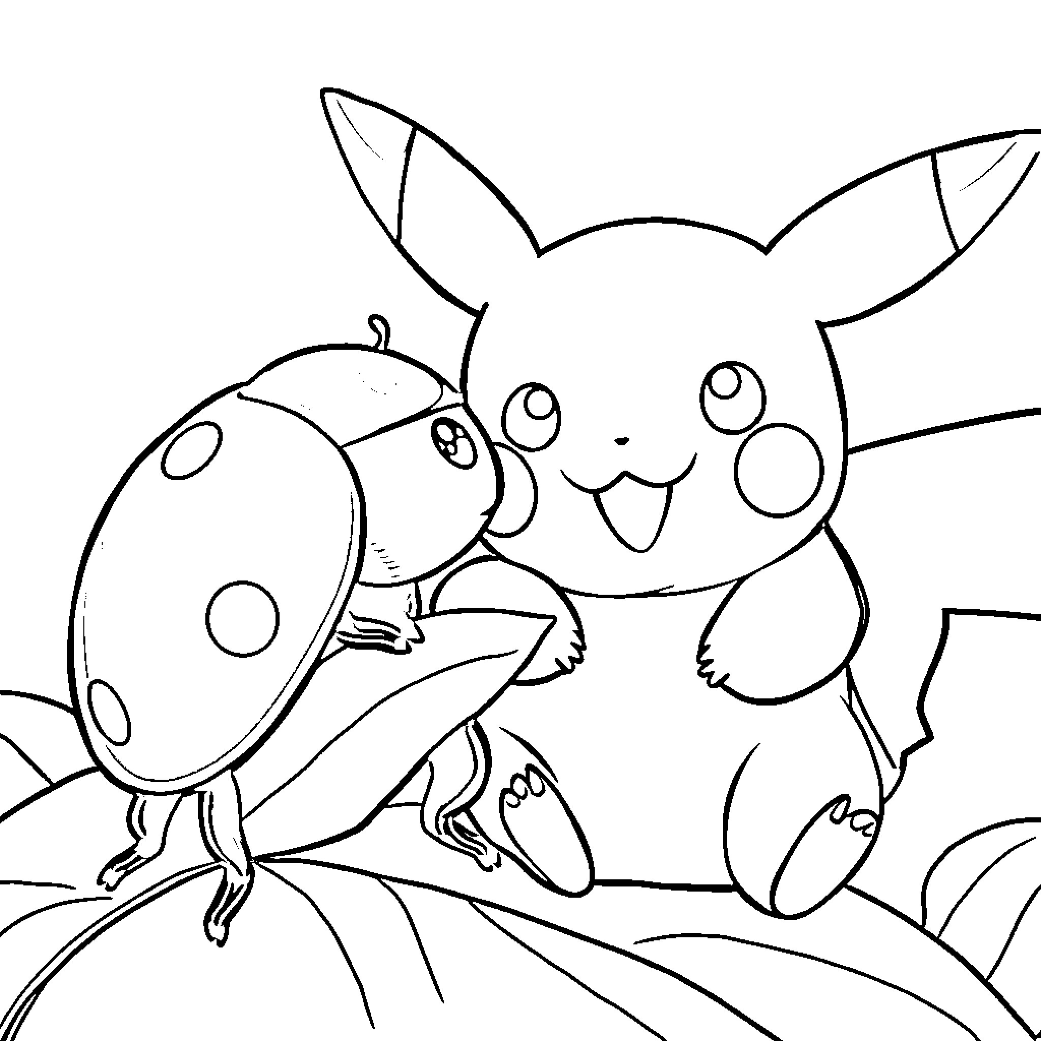 Ladybug meets smiling Pikachu in the meadow Coloring Page (free black-and-white line drawing printable PDF for all, from beginners to advanced learners, including children, teens, adults, and seniors)