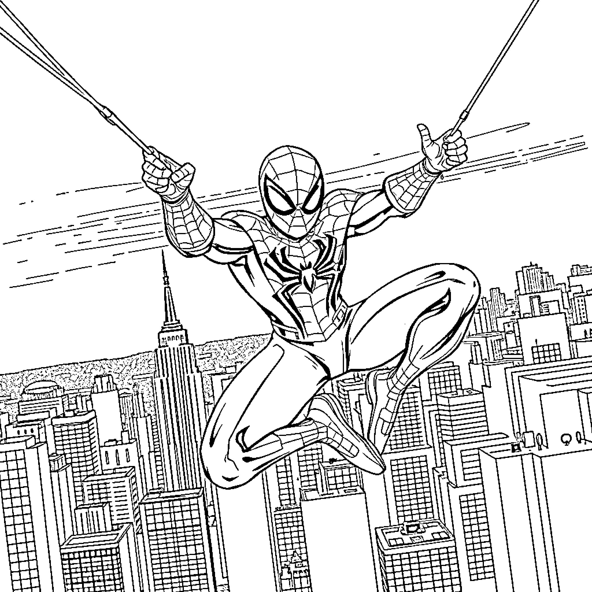 Spiderman Swinging Through the City Coloring Page (free black-and-white line drawing printable PDF for all, from beginners to advanced learners, including children, teens, adults, and seniors)