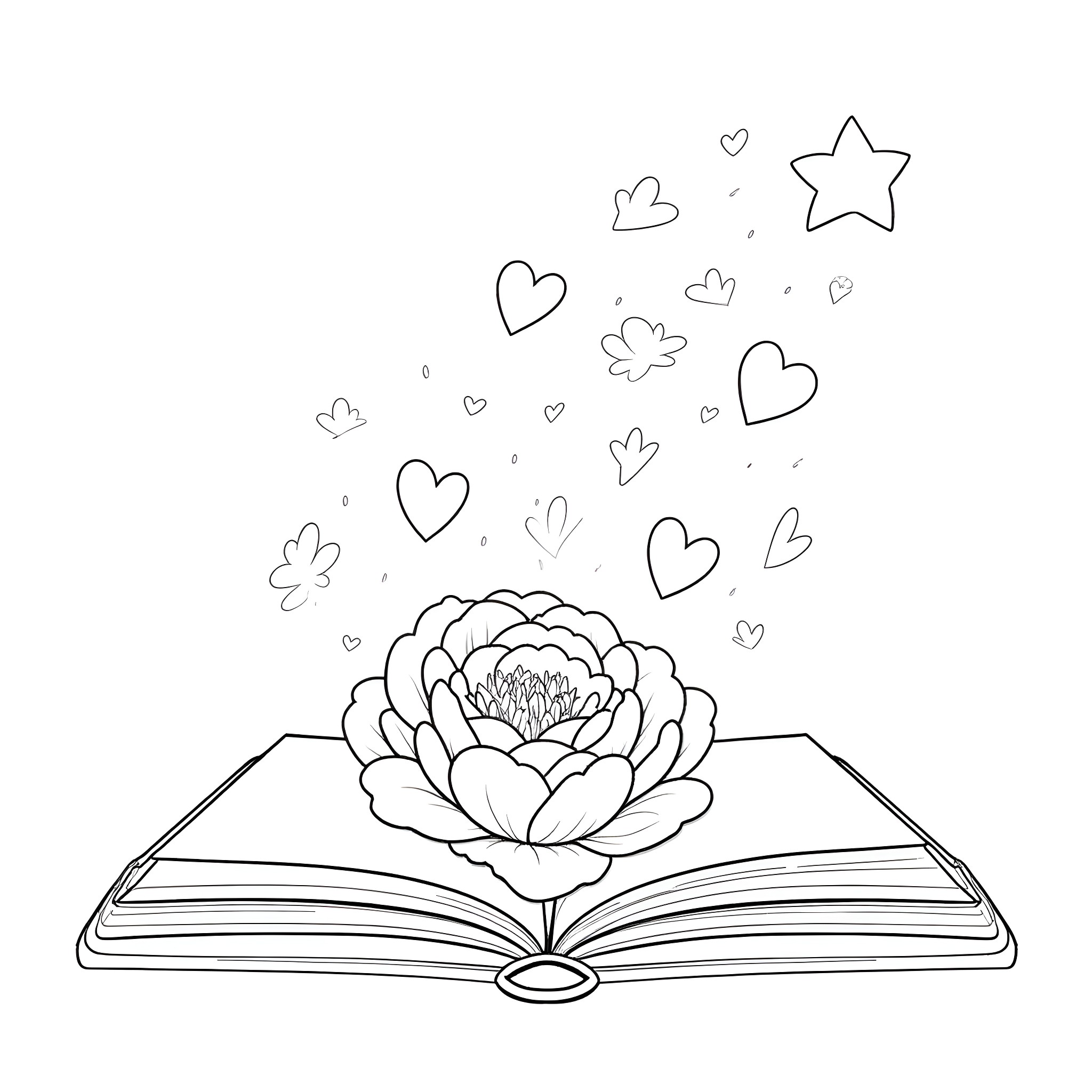 Book about blooming flower and whimsical motifs Coloring Page (free black-and-white line drawing printable PDF for all, from beginners to advanced learners, including children, teens, adults, and seniors)