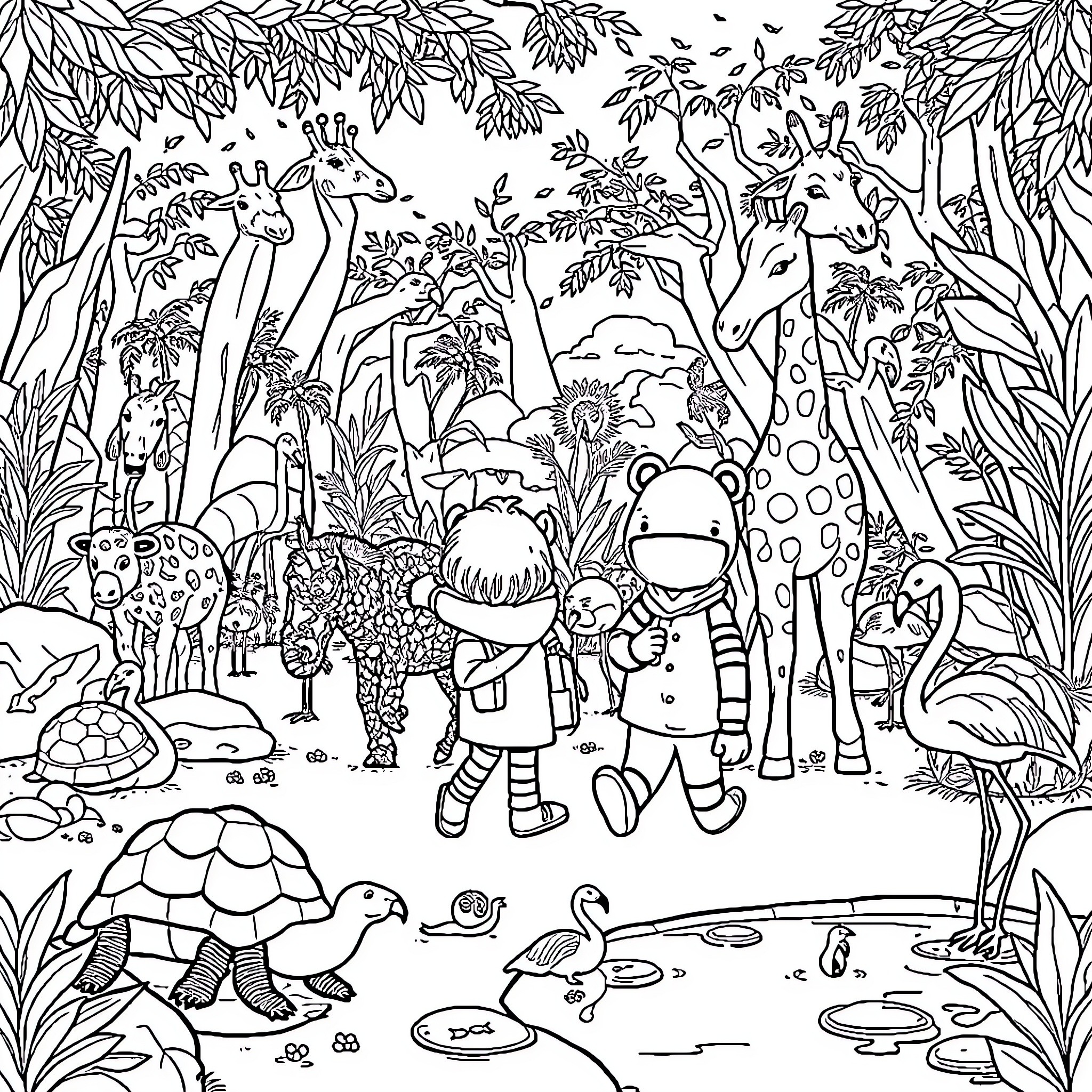 Zoo animals exploring the lush forest habitat Coloring Page (free black-and-white line drawing printable PDF for all, from beginners to advanced learners, including children, teens, adults, and seniors)