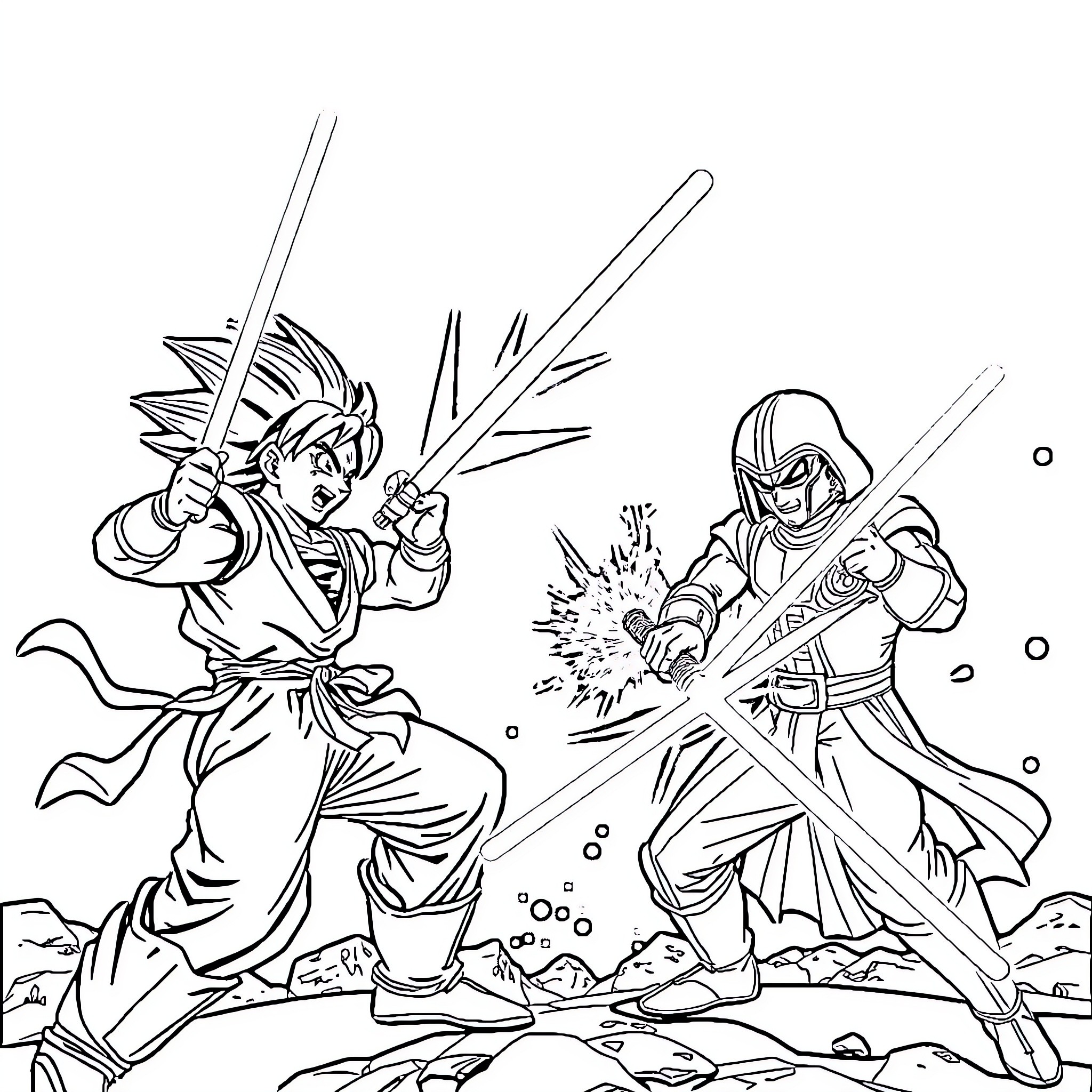 Dragon warriors engage in fierce battle Coloring Page (free black-and-white line drawing printable PDF for all, from beginners to advanced learners, including children, teens, adults, and seniors)