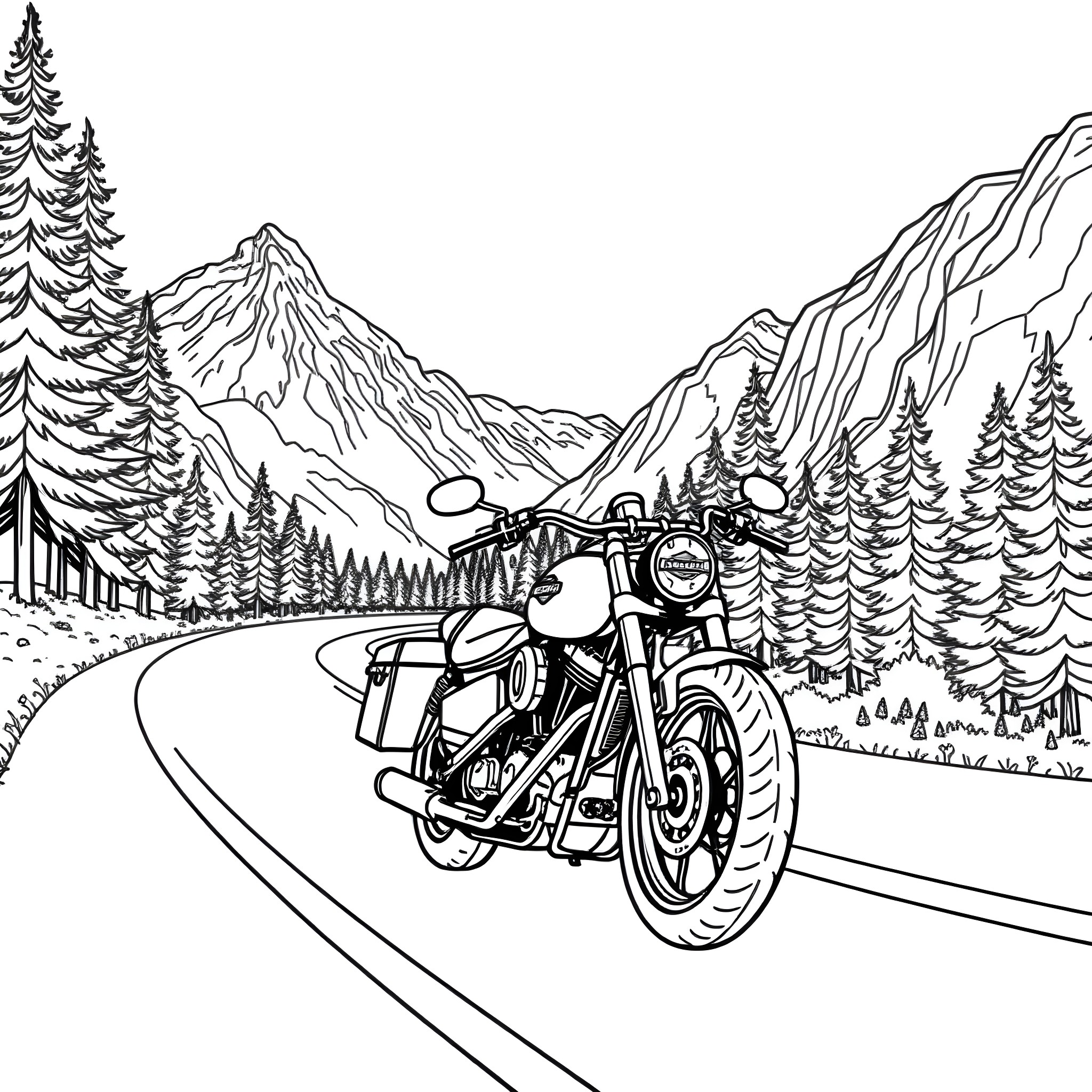 Harley Davidson Motorcycle Riding Through Mountainous Landscape Coloring Page (free black-and-white line drawing printable PDF for all, from beginners to advanced learners, including children, teens, adults, and seniors)