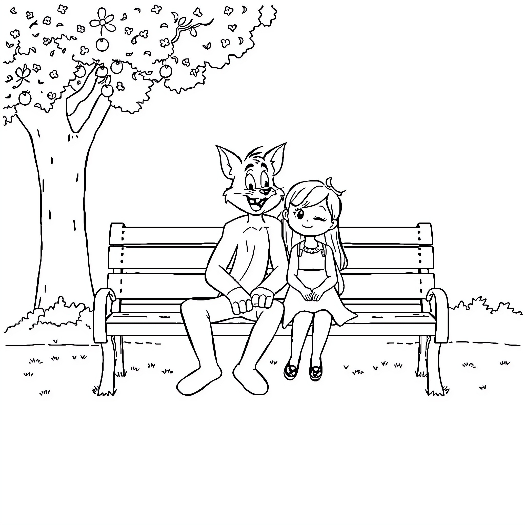Tom and friend relaxing on a park bench Coloring Page (free black-and-white line drawing printable PDF for all, from beginners to advanced learners, including children, teens, adults, and seniors)