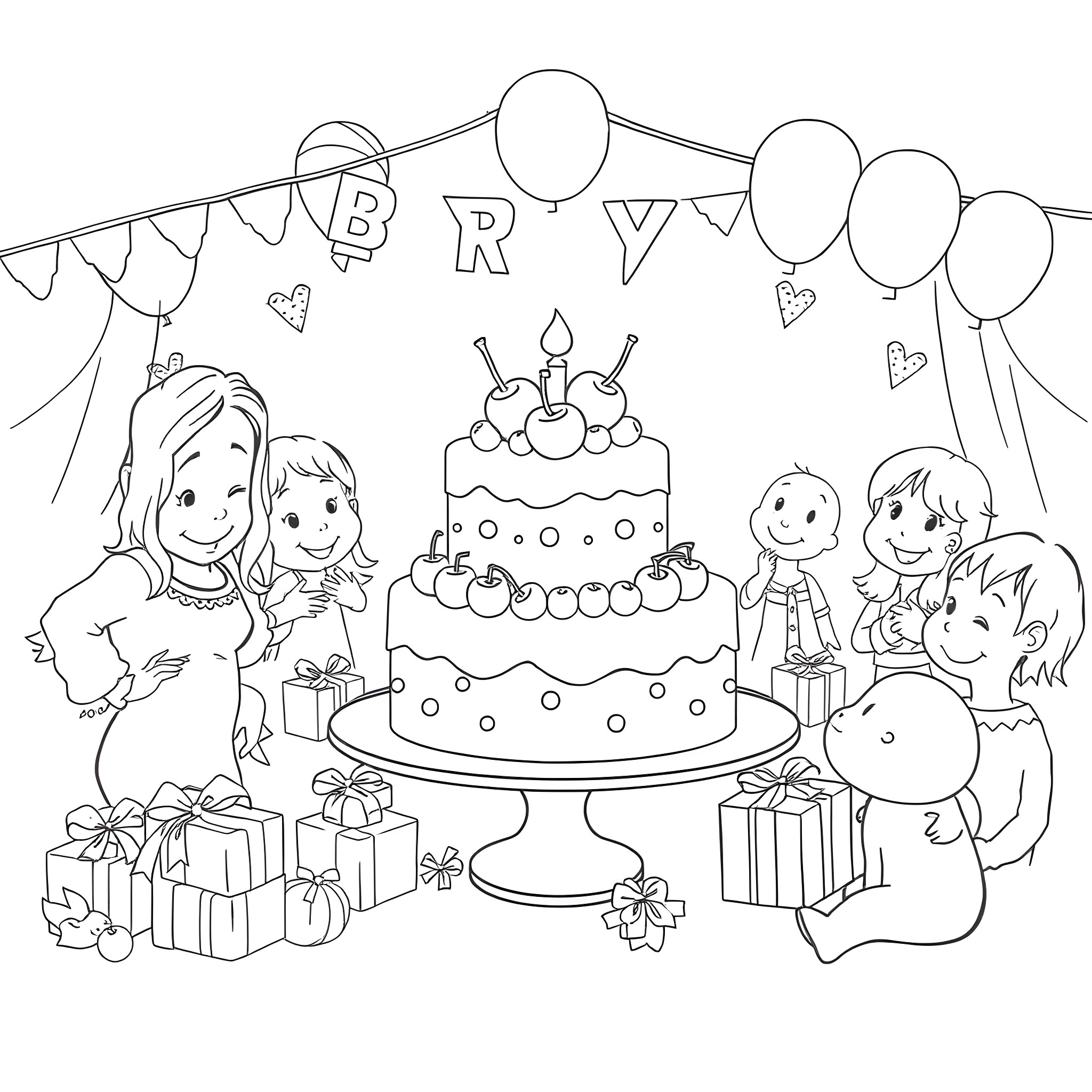 Cherry Birthday Celebration with Family and Cake Coloring Page (free black-and-white line drawing printable PDF for all, from beginners to advanced learners, including children, teens, adults, and seniors)