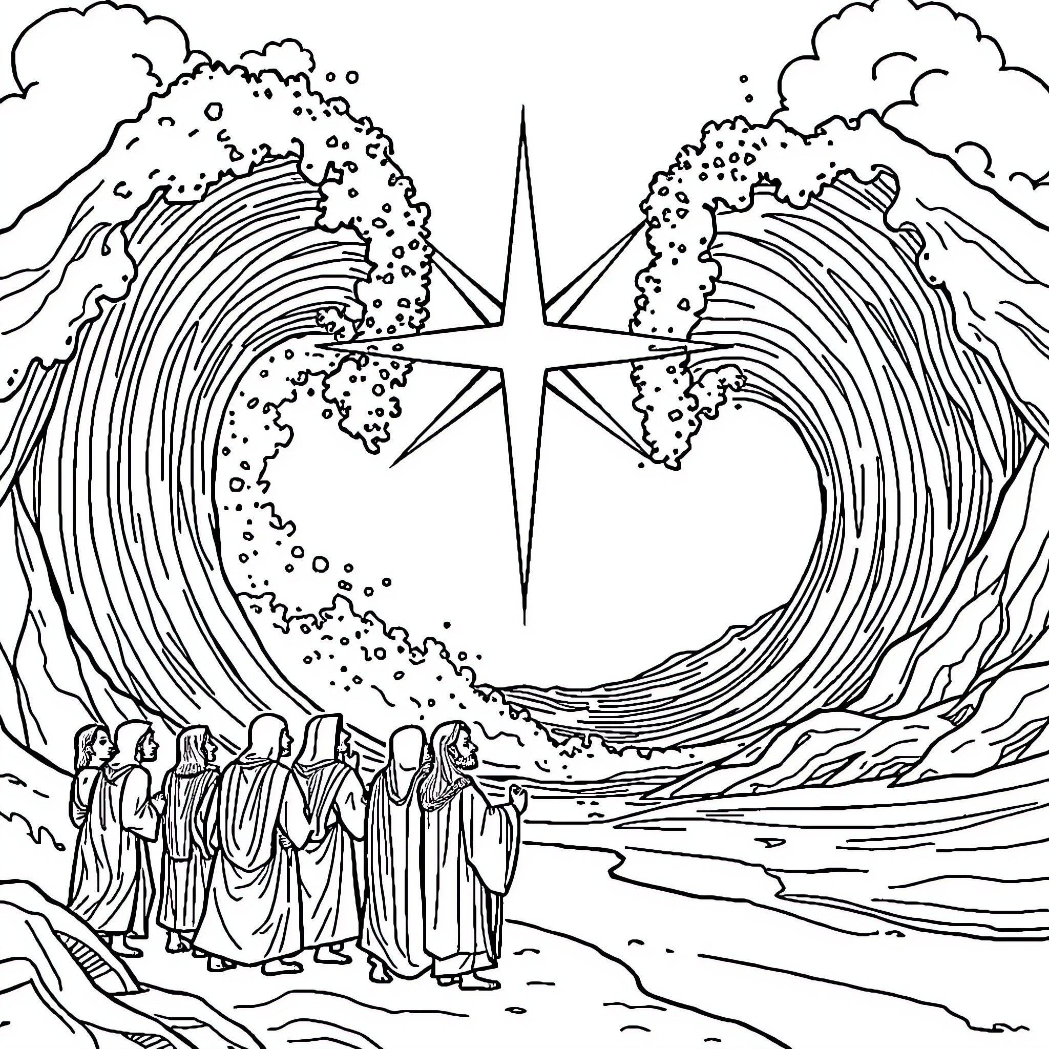 God's Heavenly Procession Beneath the Celestial Star Coloring Page (free black-and-white line drawing printable PDF for all, from beginners to advanced learners, including children, teens, adults, and seniors)