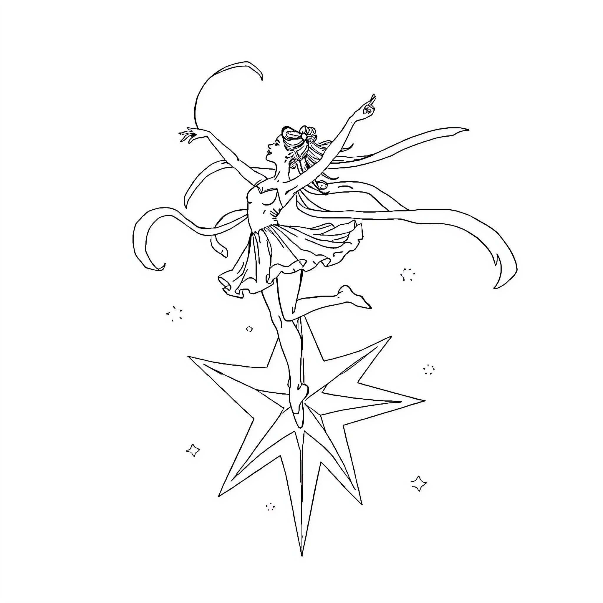 Ballerina dancing gracefully on a star Coloring Page (free black-and-white line drawing printable PDF for all, from beginners to advanced learners, including children, teens, adults, and seniors)