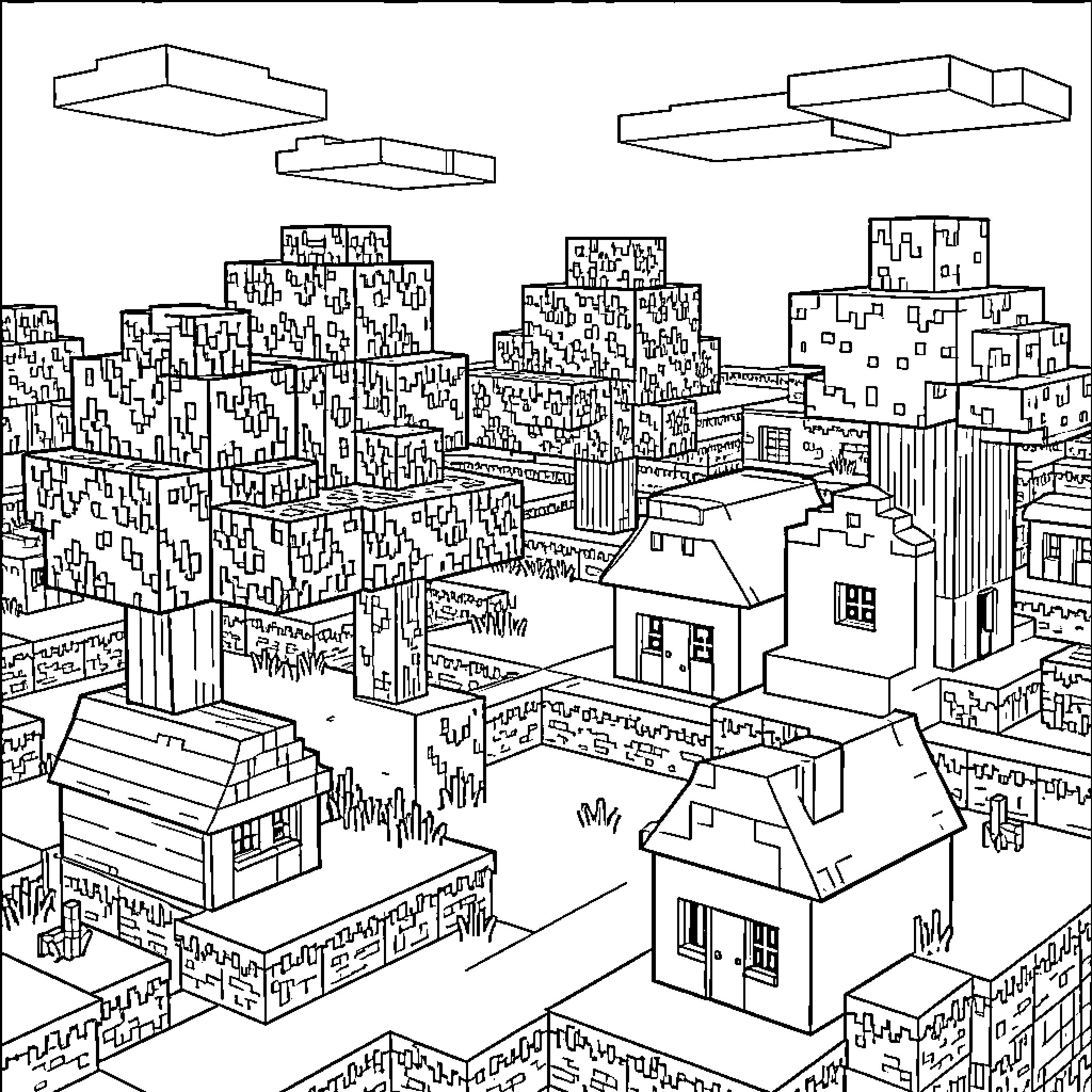 Minecraft cityscape with towering buildings and skyline Coloring Page (free black-and-white line drawing printable PDF for all, from beginners to advanced learners, including children, teens, adults, and seniors)