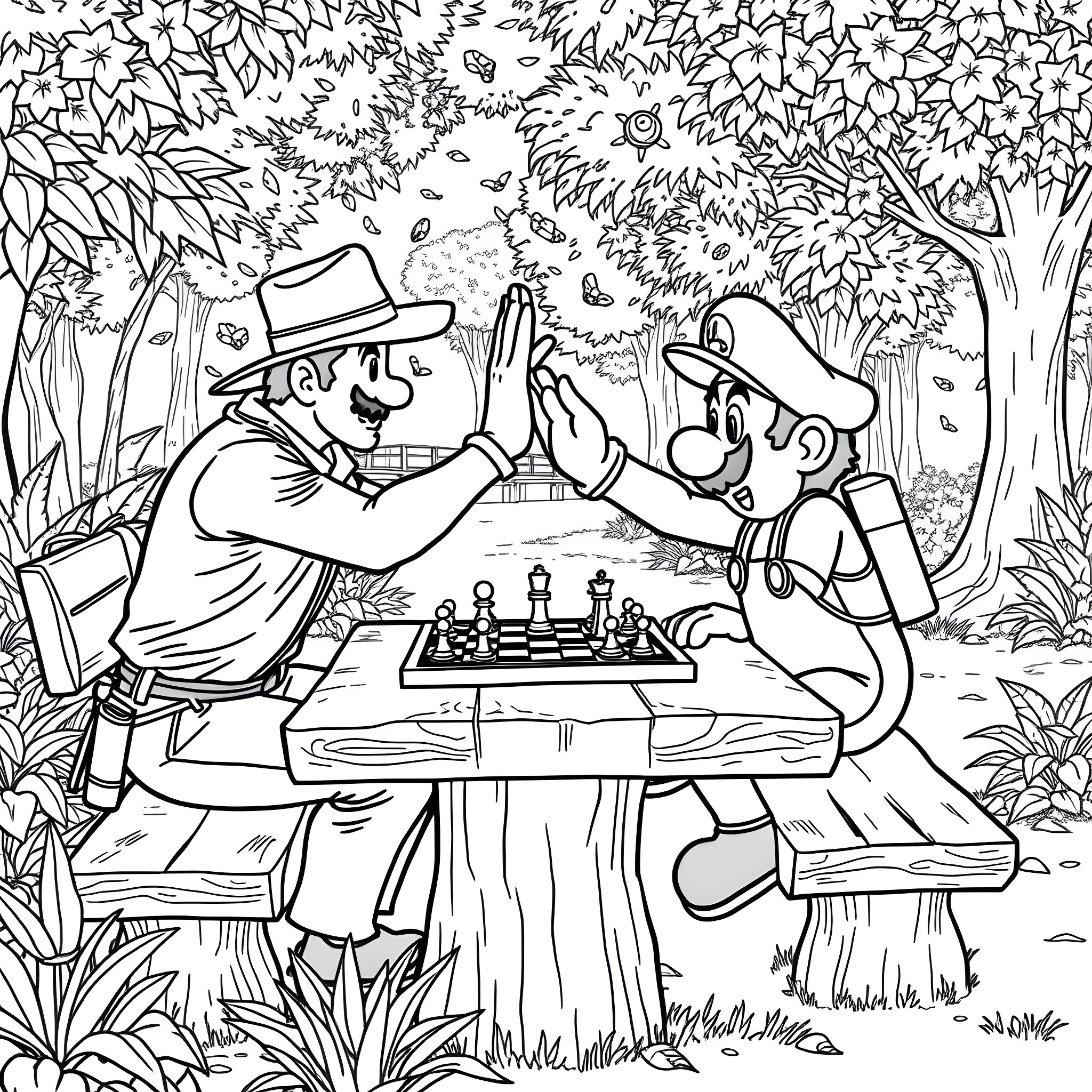 Indiana Jones and Pinocchio Playing Chess in the Jungle Coloring Page (free black-and-white line drawing printable PDF for all, from beginners to advanced learners, including children, teens, adults, and seniors)