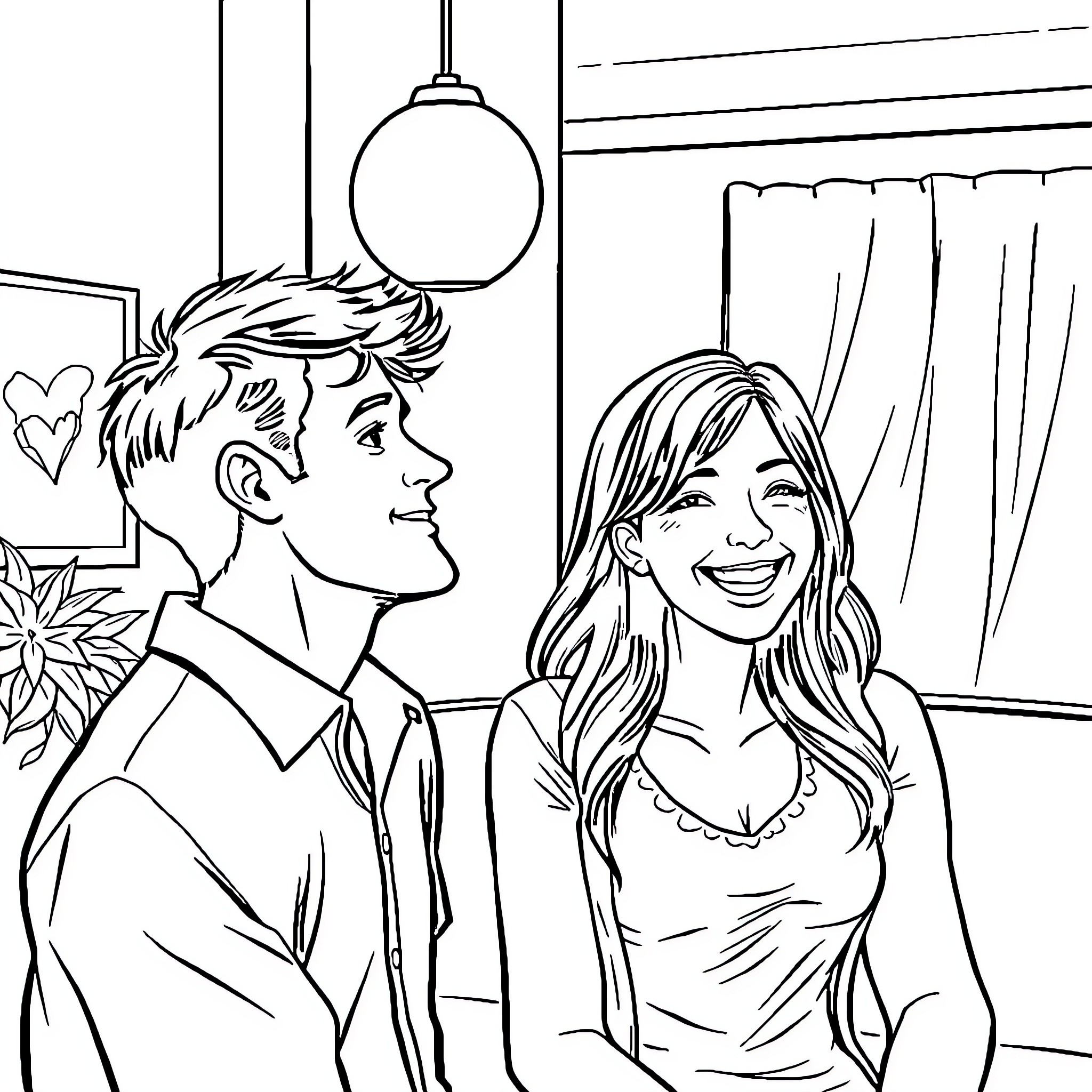 Man and Woman Enjoying Conversation in Home Coloring Page (free black-and-white line drawing printable PDF for all, from beginners to advanced learners, including children, teens, adults, and seniors)