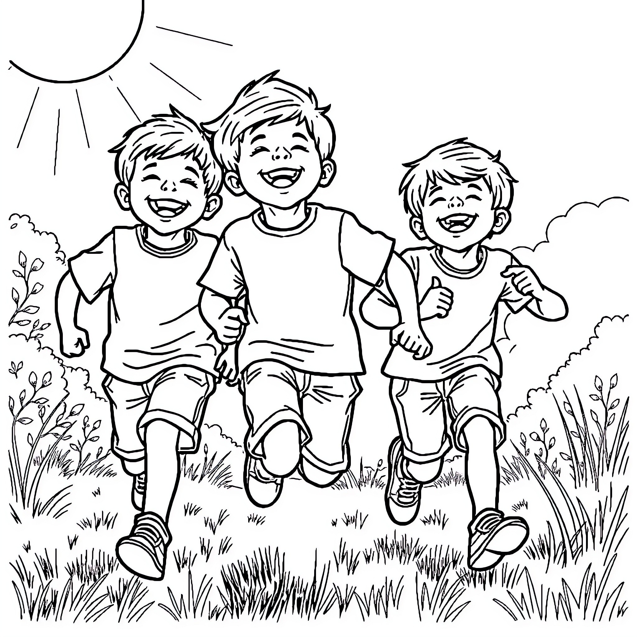 Boys enjoying a sunny day outdoors Coloring Page (free black-and-white line drawing printable PDF for all, from beginners to advanced learners, including children, teens, adults, and seniors)