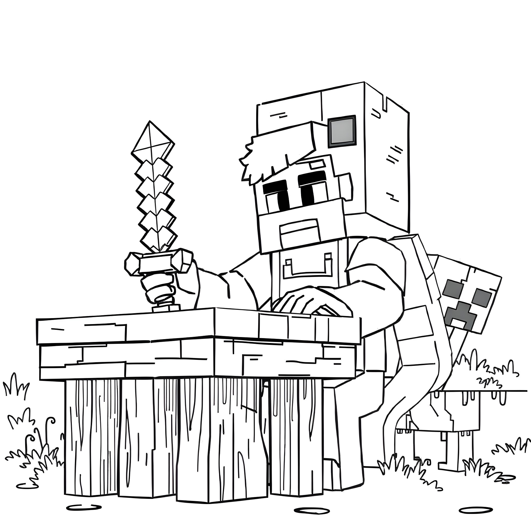 Steve the brave warrior exploring the digital landscape Coloring Page (free black-and-white line drawing printable PDF for all, from beginners to advanced learners, including children, teens, adults, and seniors)