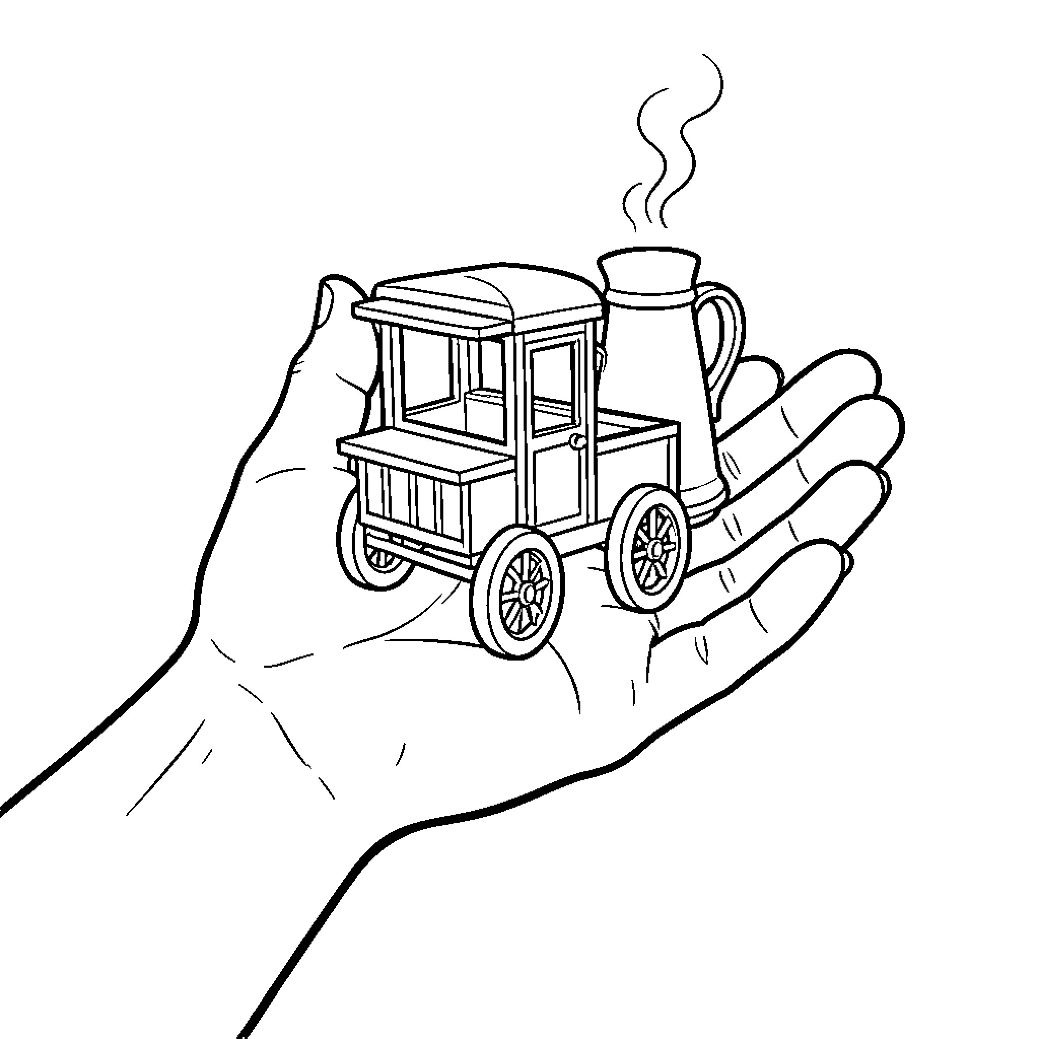 Car shaped miniature carriage held in an open hand Coloring Page (free black-and-white line drawing printable PDF for all, from beginners to advanced learners, including children, teens, adults, and seniors)
