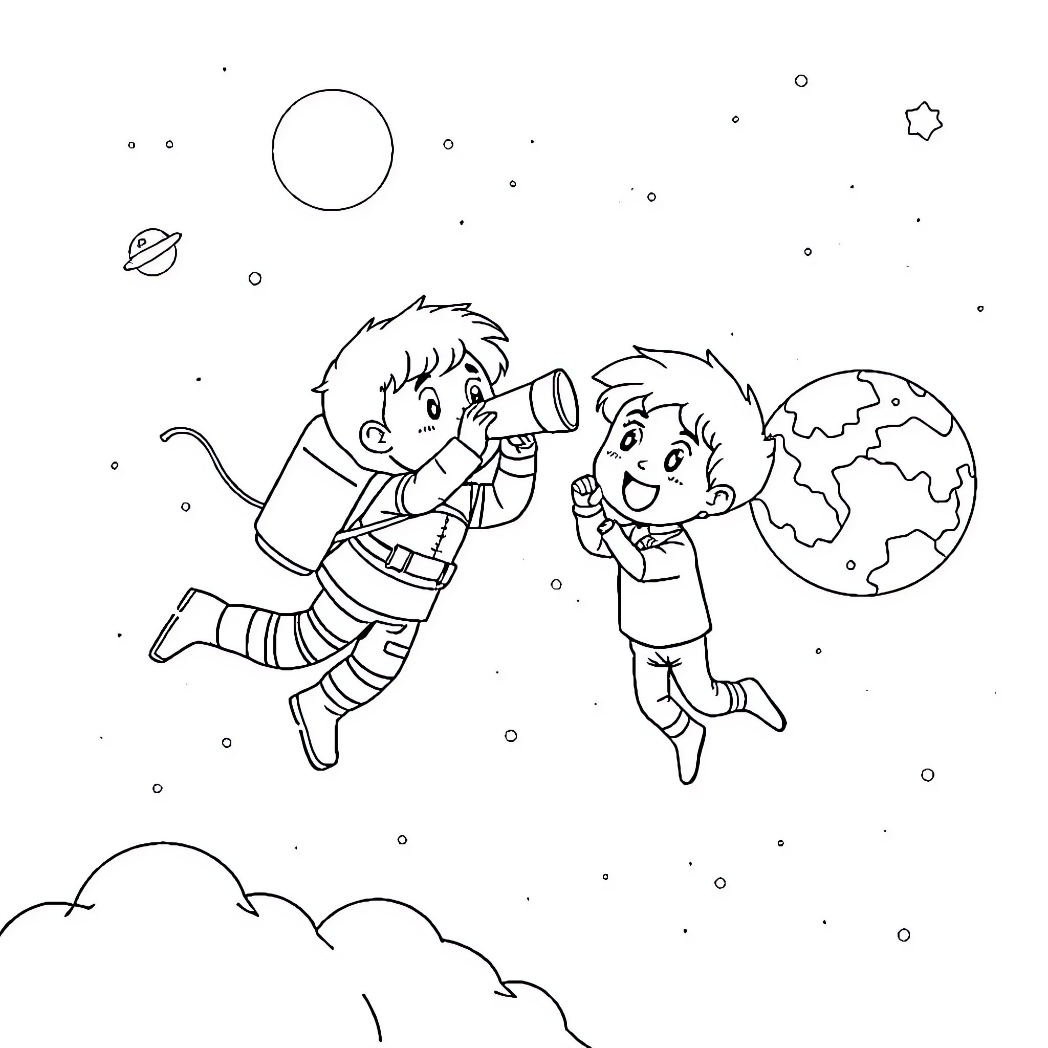 Child astronauts exploring the galaxy Coloring Page (free black-and-white line drawing printable PDF for all, from beginners to advanced learners, including children, teens, adults, and seniors)