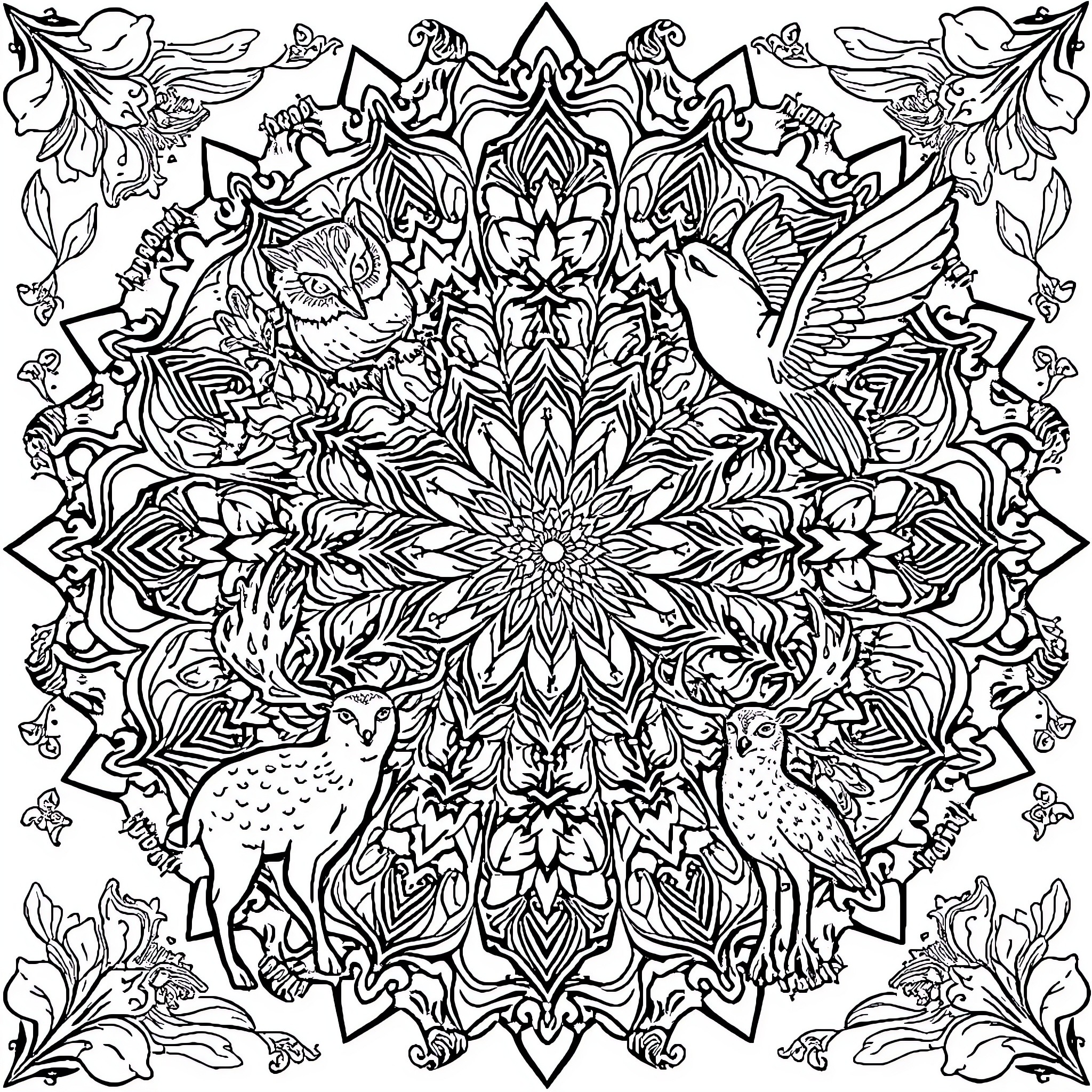 Mandala with Intricate Floral and Animal Designs Coloring Page (free black-and-white line drawing printable PDF for all, from beginners to advanced learners, including children, teens, adults, and seniors)