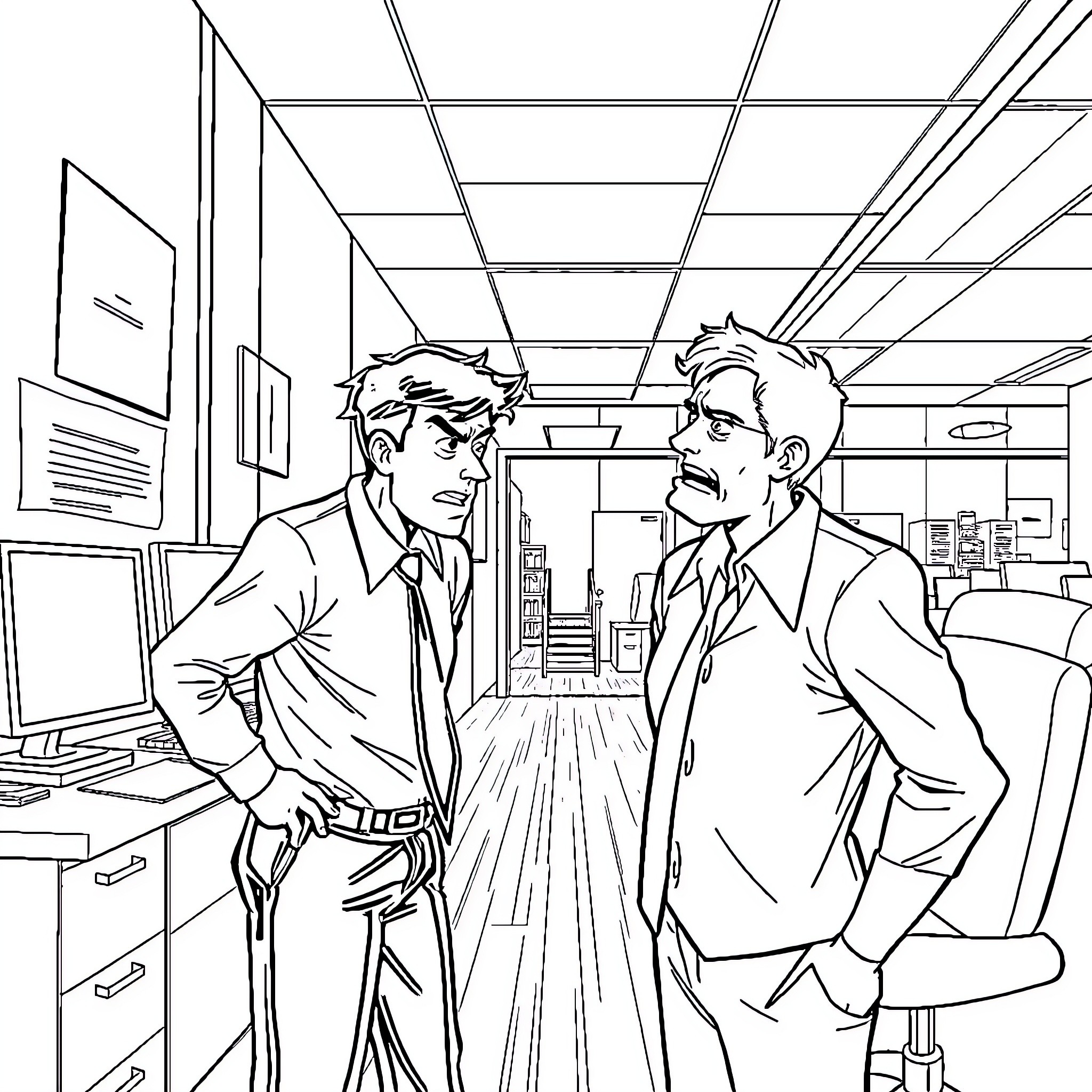 Work-related discussion between two professionals Coloring Page (free black-and-white line drawing printable PDF for all, from beginners to advanced learners, including children, teens, adults, and seniors)