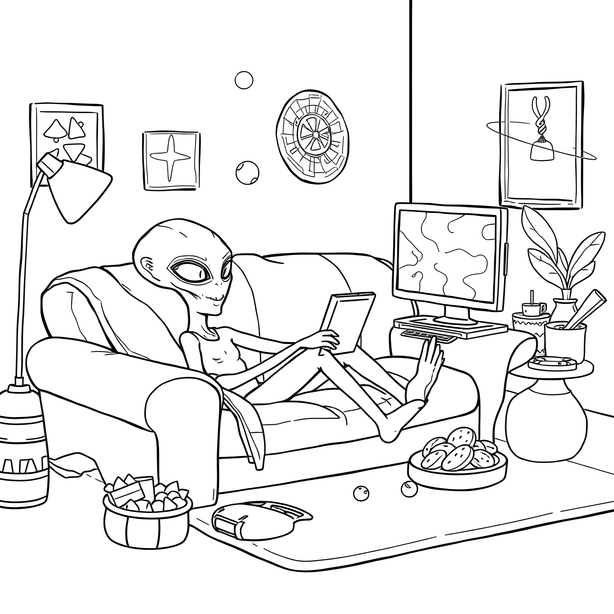 Alien relaxing at home with computer and decor Coloring Page (free black-and-white line drawing printable PDF for all, from beginners to advanced learners, including children, teens, adults, and seniors)