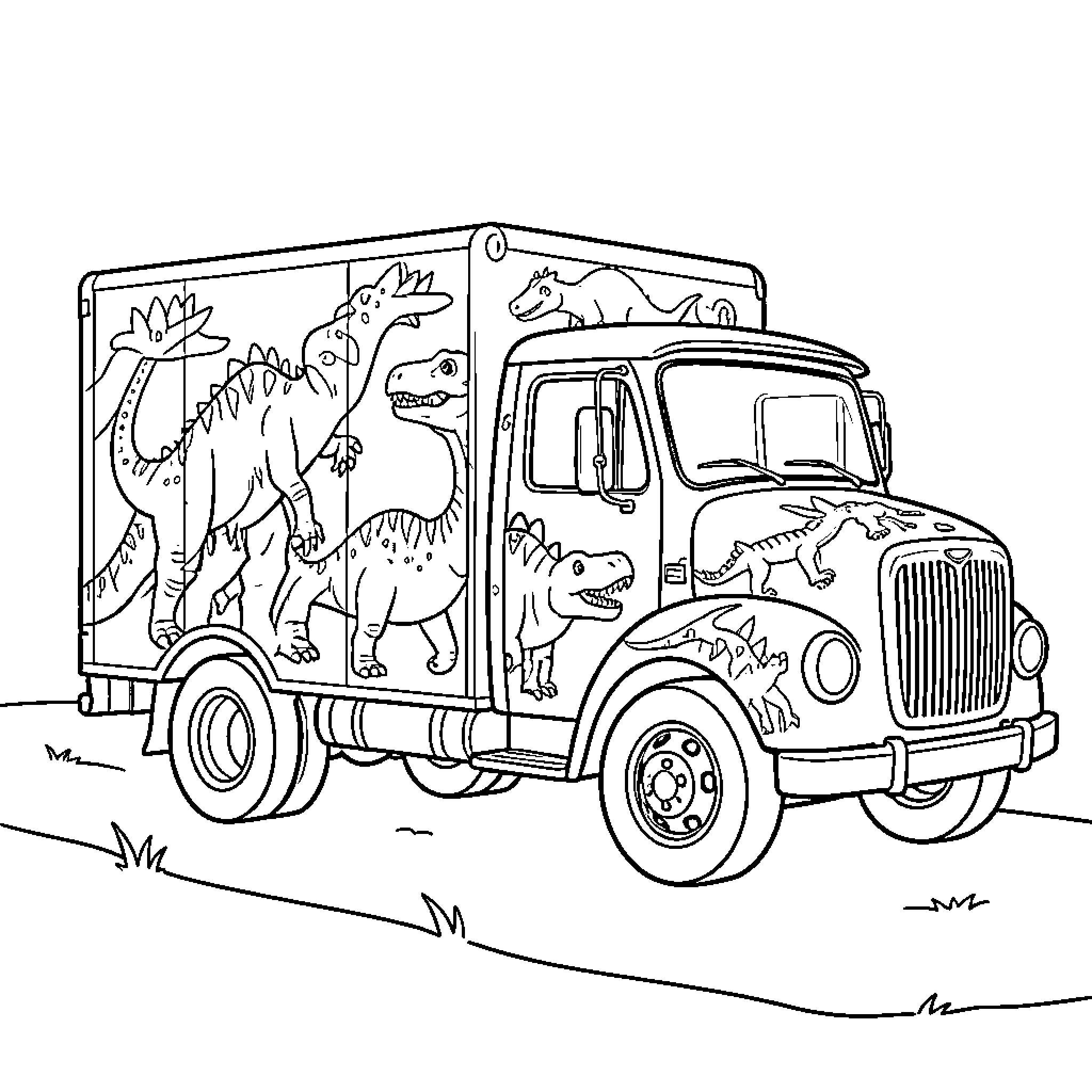 Dinosaur Truck decorated with various prehistoric creatures Coloring Page (free black-and-white line drawing printable PDF for all, from beginners to advanced learners, including children, teens, adults, and seniors)