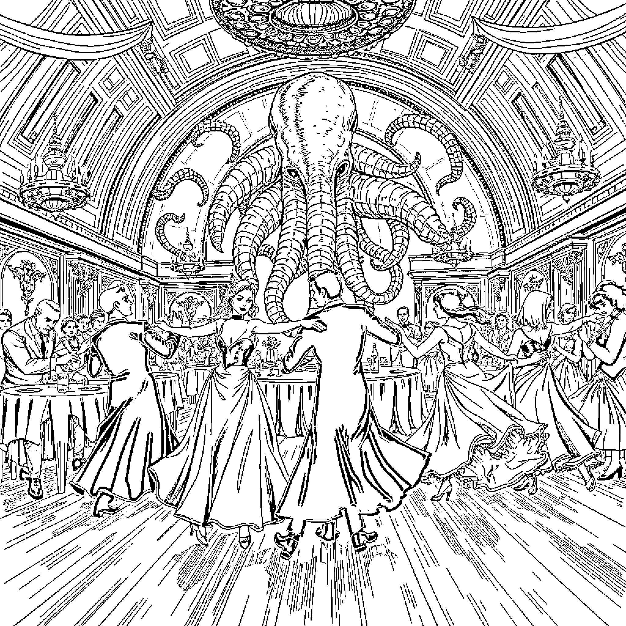 Cthulhu's Magnificent Masquerade Ball Coloring Page (free black-and-white line drawing printable PDF for all, from beginners to advanced learners, including children, teens, adults, and seniors)