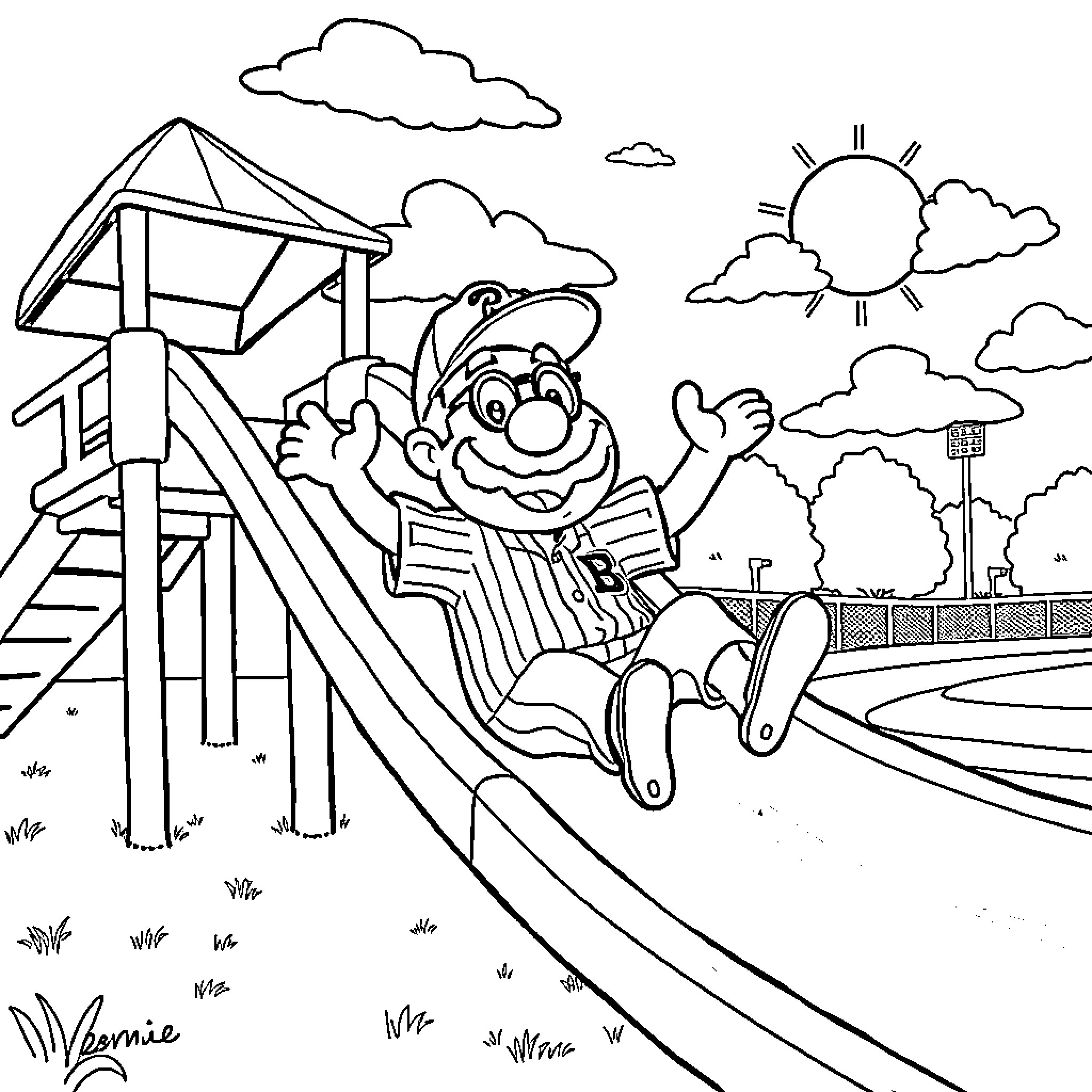 Bernie enjoying a fun slide on a sunny day Coloring Page (free black-and-white line drawing printable PDF for all, from beginners to advanced learners, including children, teens, adults, and seniors)