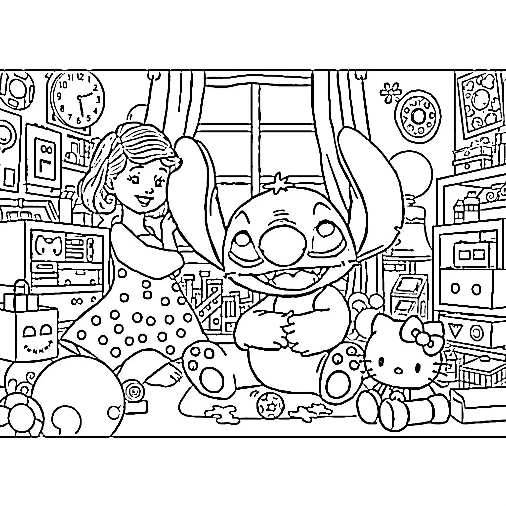 Lilo playing happily with Stitch in their room Coloring Page (free black-and-white line drawing printable PDF for all, from beginners to advanced learners, including children, teens, adults, and seniors)