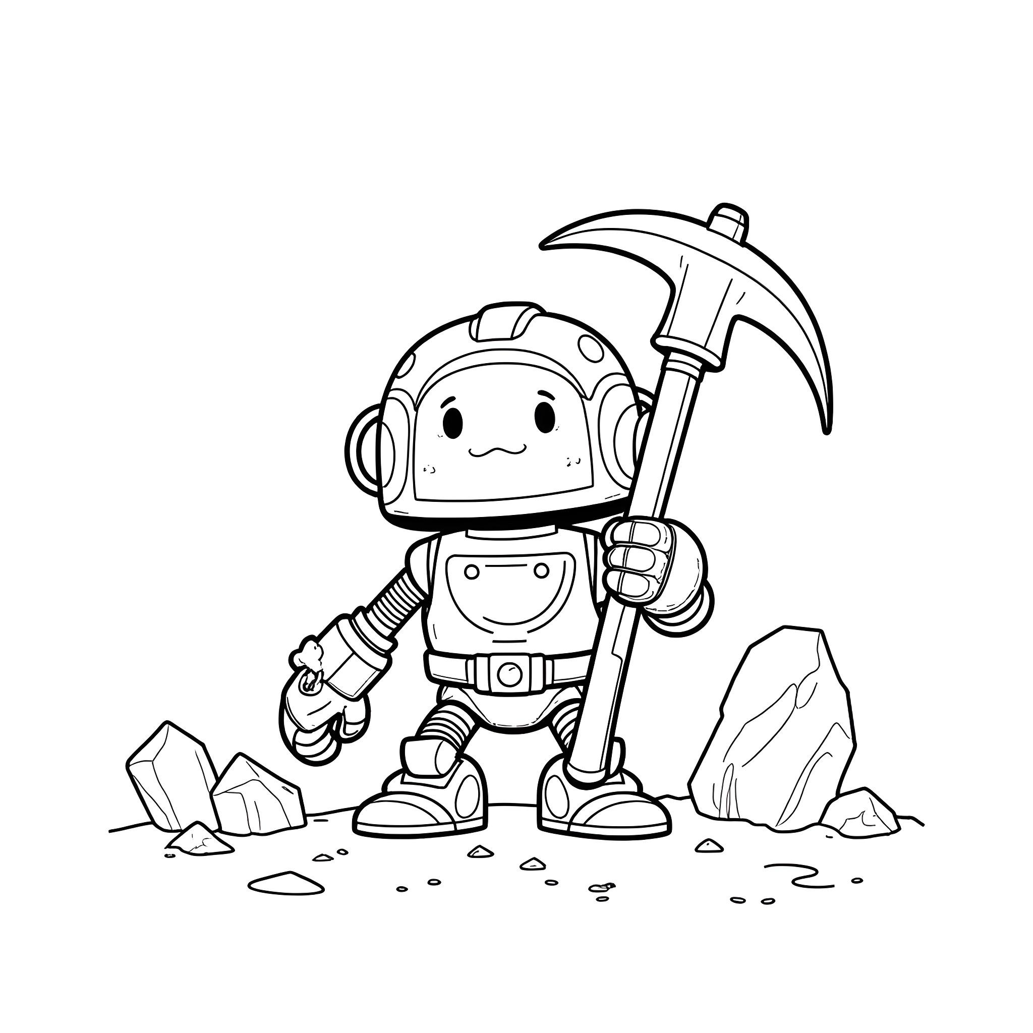 Dwarf miner with pickaxe exploring rocky terrain Coloring Page (free black-and-white line drawing printable PDF for all, from beginners to advanced learners, including children, teens, adults, and seniors)
