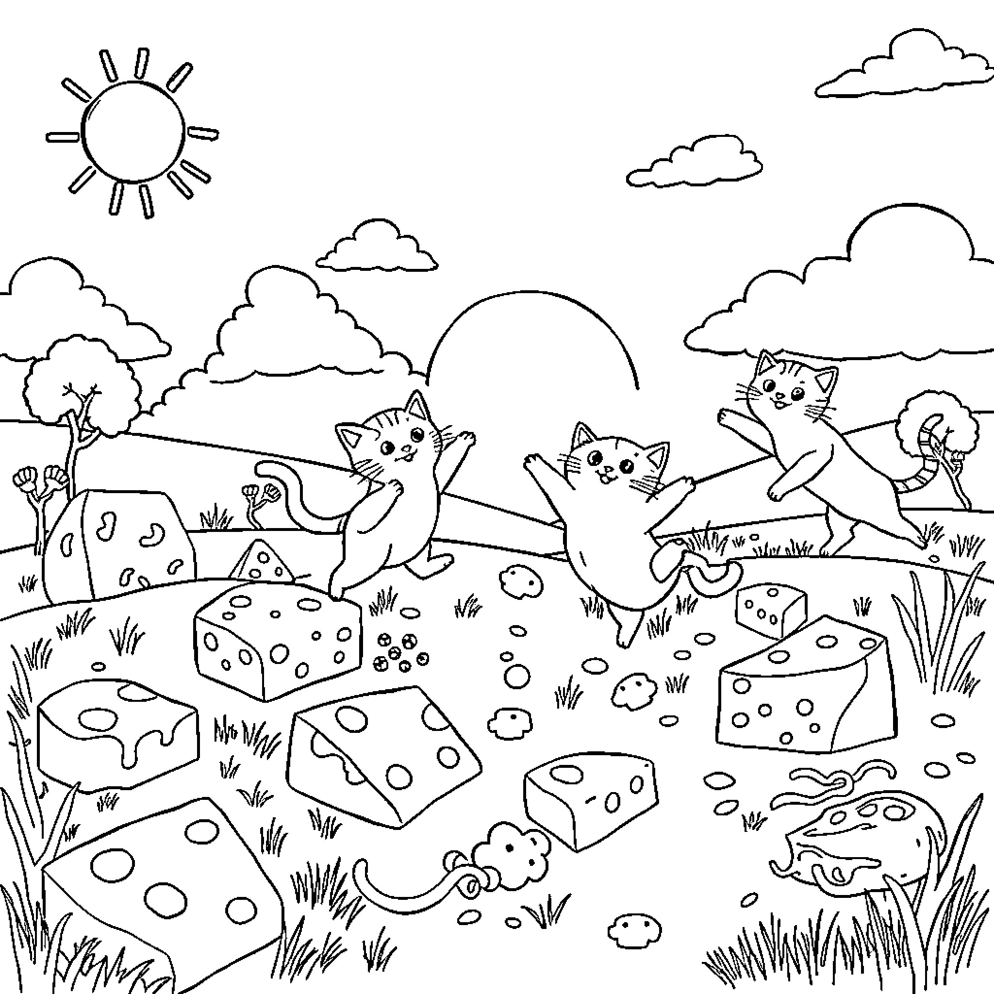 Cat Kittens Playing in a Whimsical Landscape Coloring Page (free black-and-white line drawing printable PDF for all, from beginners to advanced learners, including children, teens, adults, and seniors)