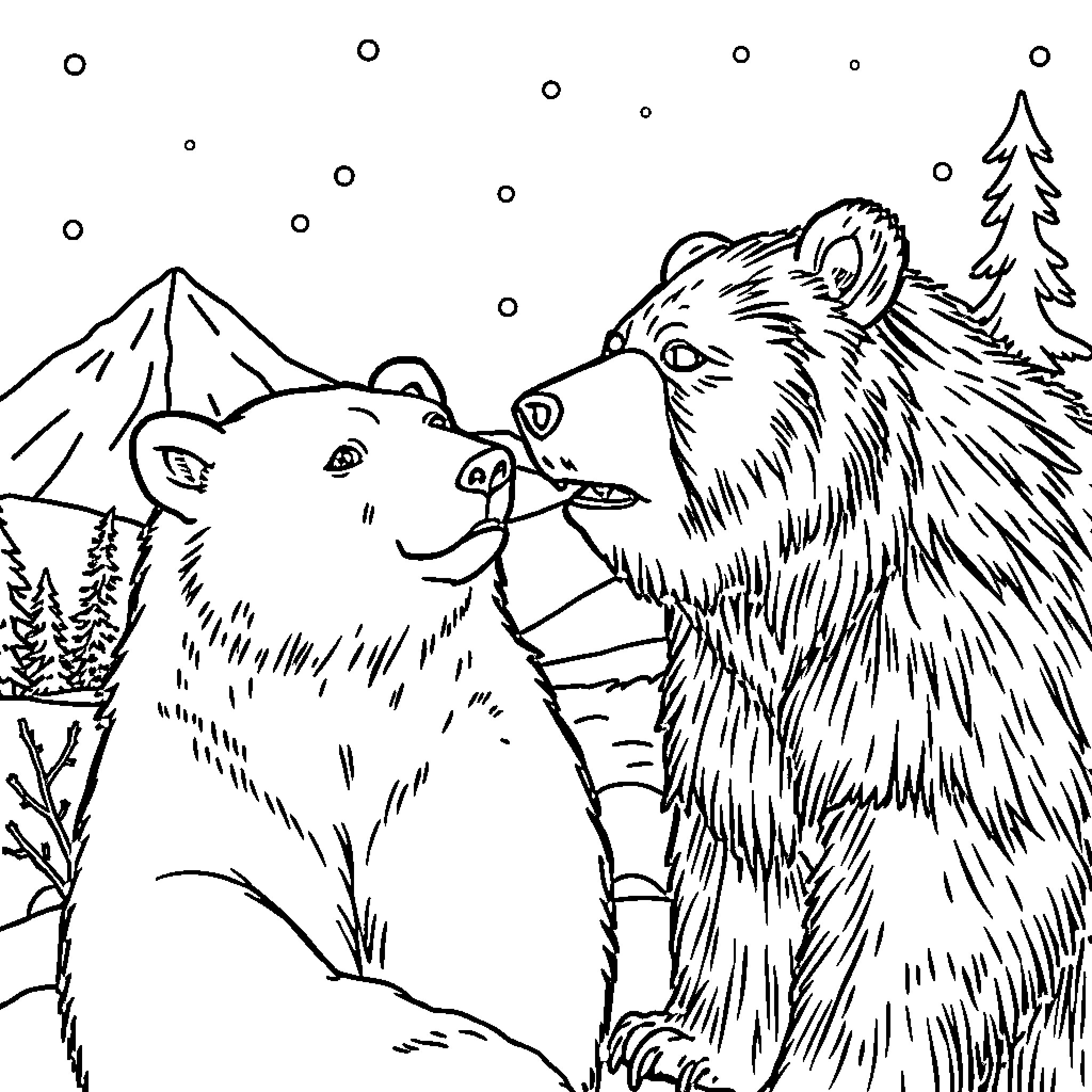 Bear friends in the snowy forest Coloring Page (free black-and-white line drawing printable PDF for all, from beginners to advanced learners, including children, teens, adults, and seniors)