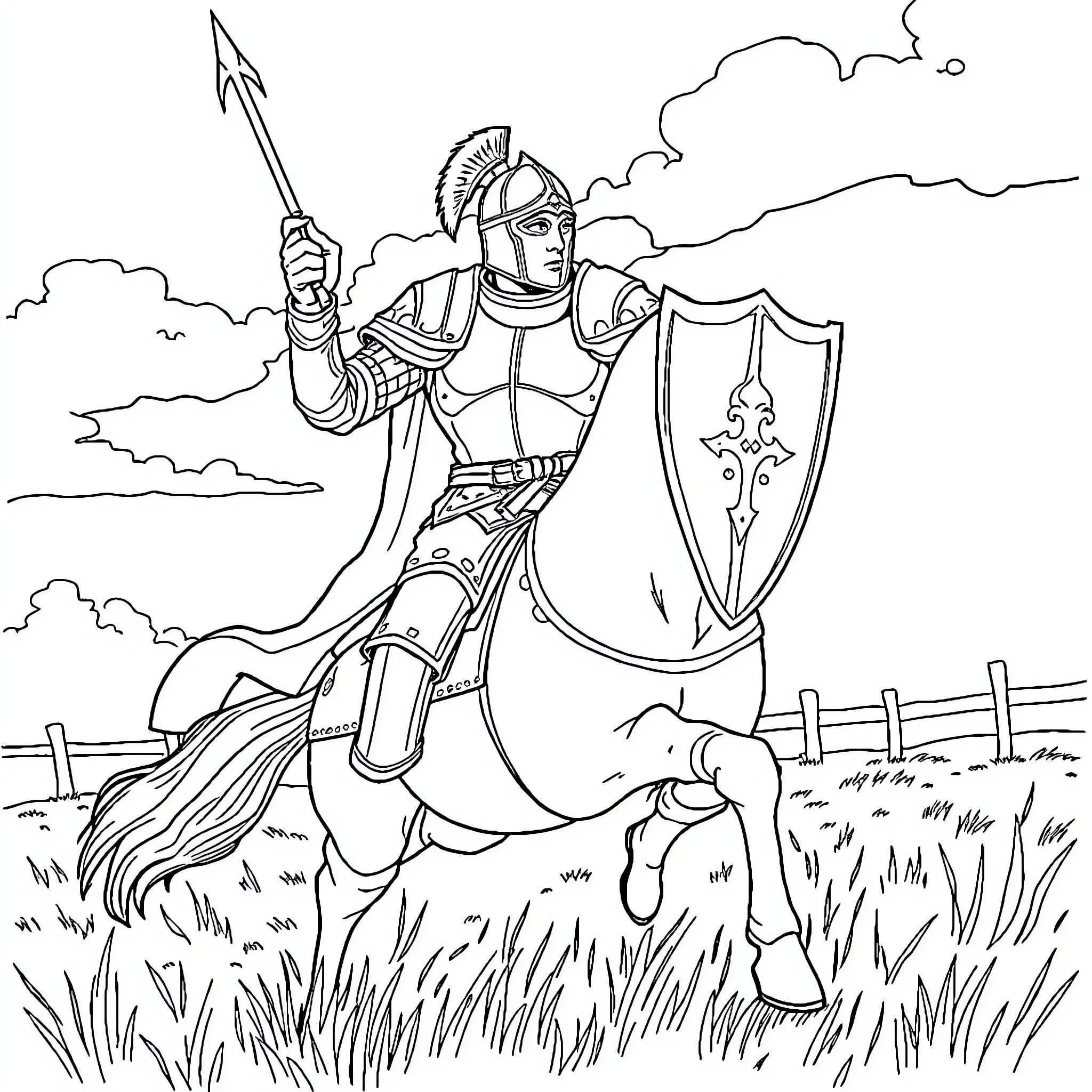 Knight Wielding Spear and Shield in Outdoor Scene Coloring Page (free black-and-white line drawing printable PDF for all, from beginners to advanced learners, including children, teens, adults, and seniors)