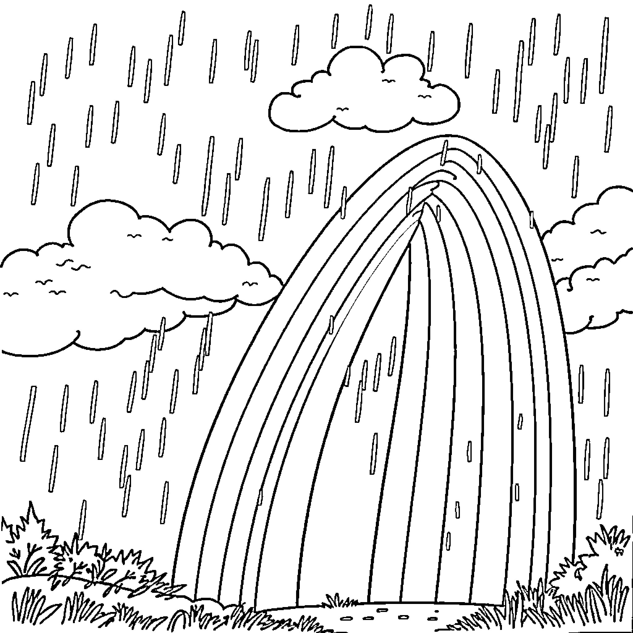 Rainbow arches over rainy landscape Coloring Page (free black-and-white line drawing printable PDF for all, from beginners to advanced learners, including children, teens, adults, and seniors)